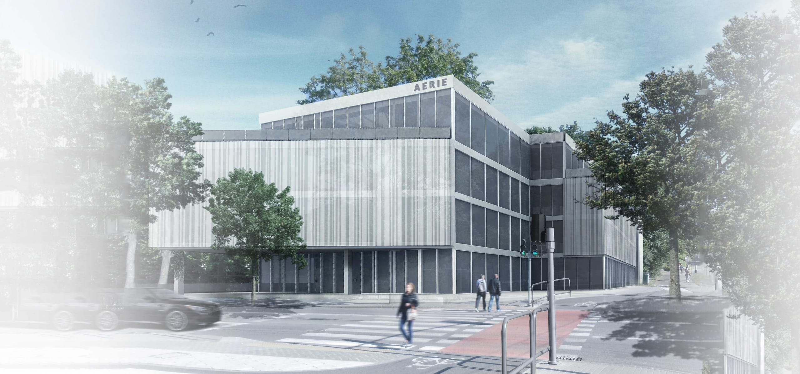 Render of the Aerie office building glass facade