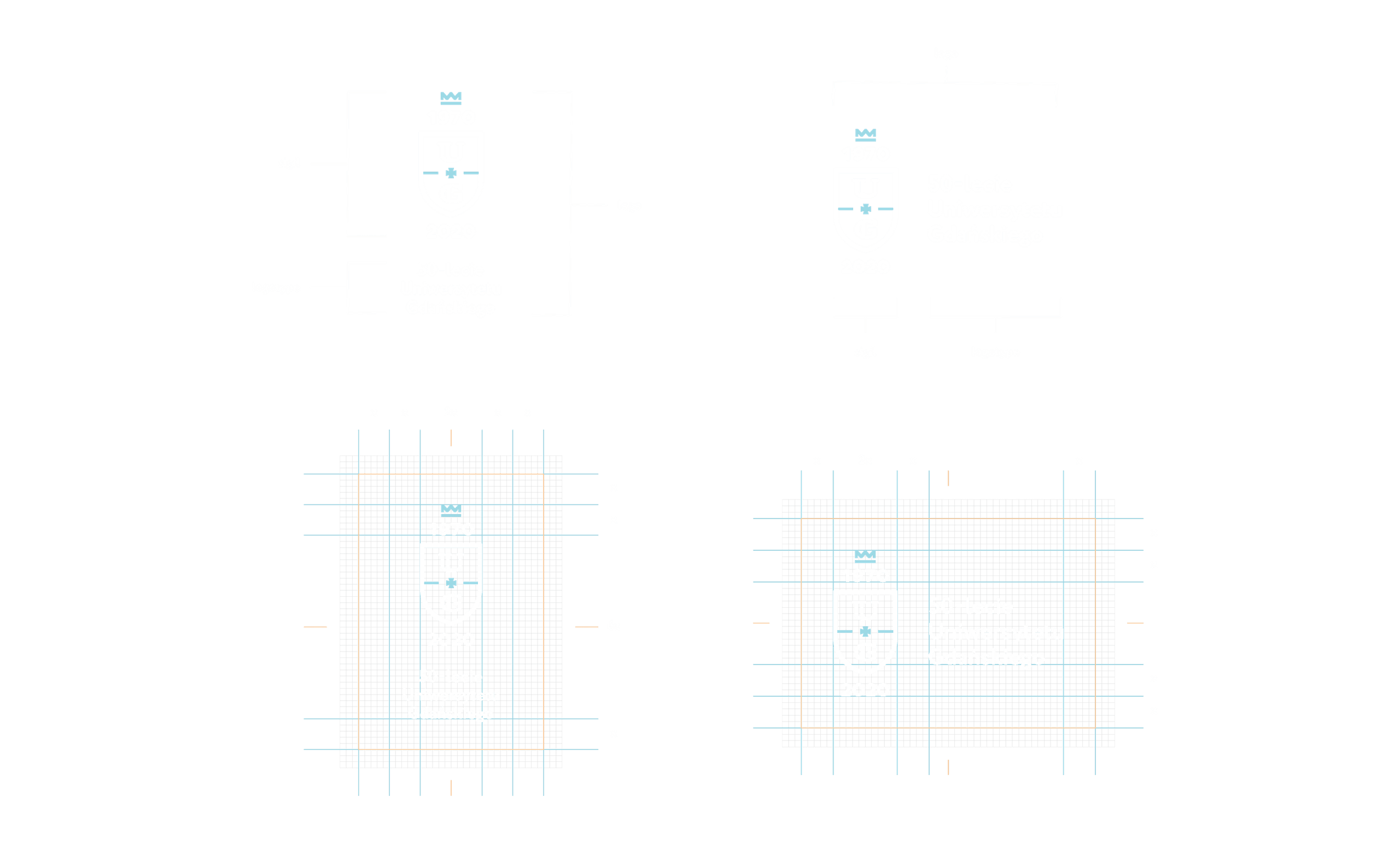 Logo anatomy, clear-space and the horizontal and vertical versions on a construction grid