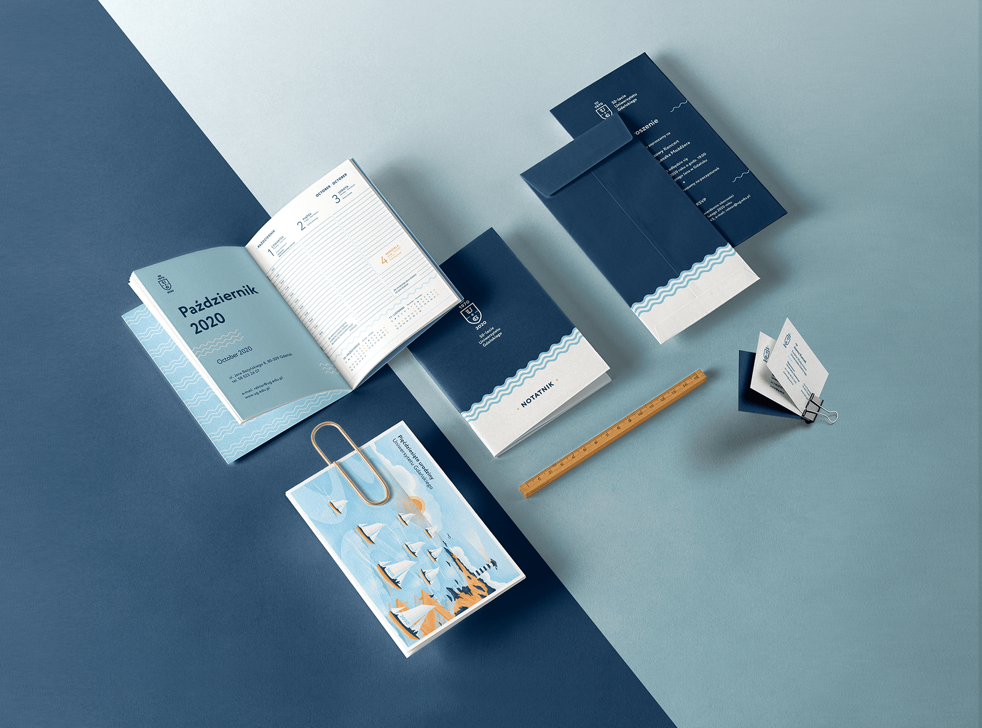 The illustrated boats concept applied to a tote bag, notebooks and other merchandise