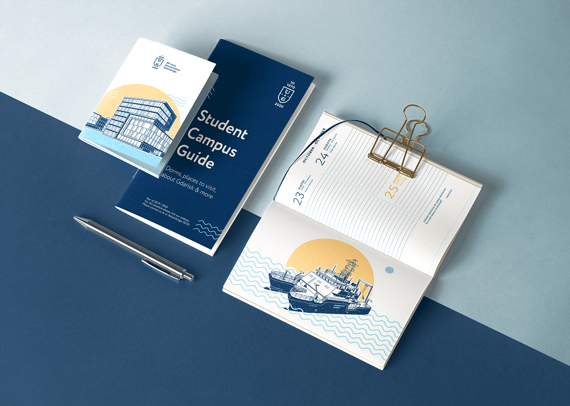 Anniversary illustrations used across the printed calendar and student campus guide