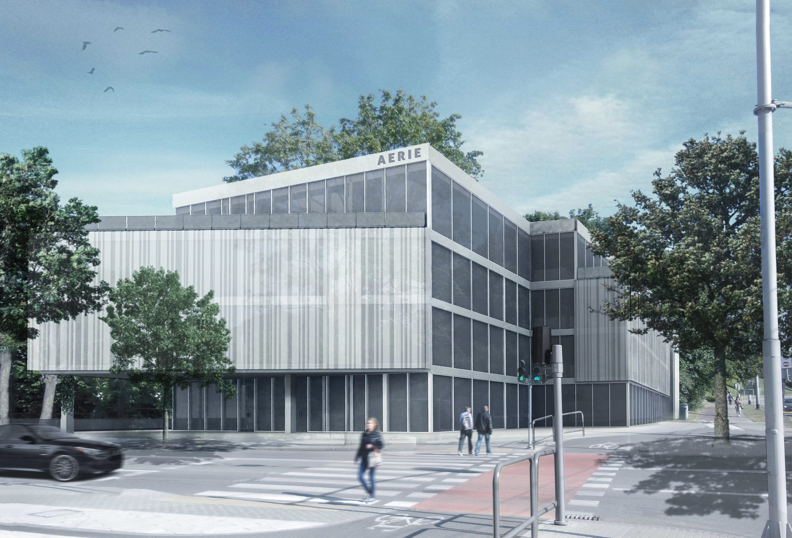 Street-level render of the Aerie glass office building at the corner intersection, with pedestrians at a crosswalk and trees