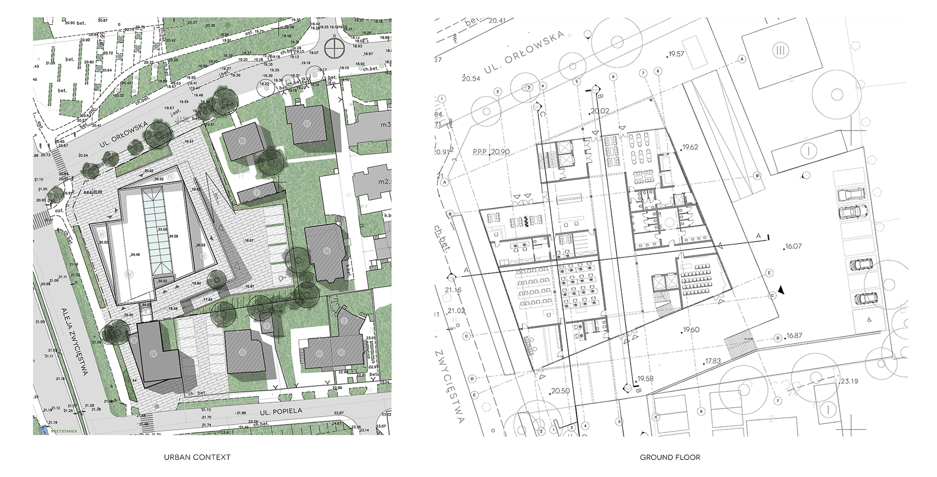 Two site drawings: a colored urban context site plan on the left and the ground floor plan on the right