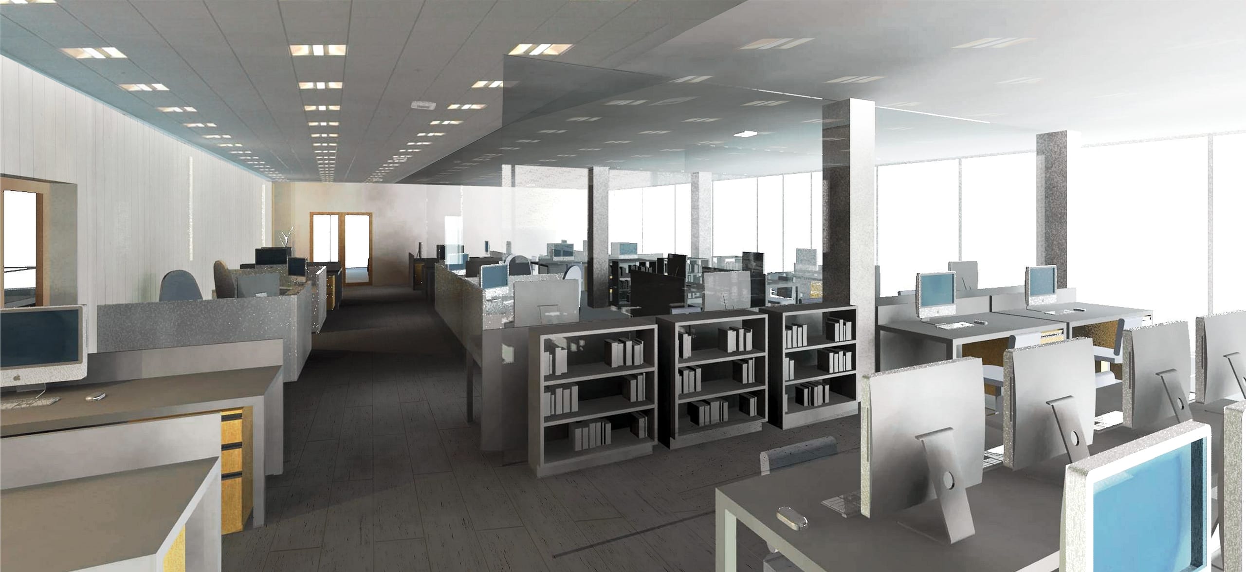 Interior render of the open-plan office with desks, computers, low bookshelves and a full-height glazed curtain wall
