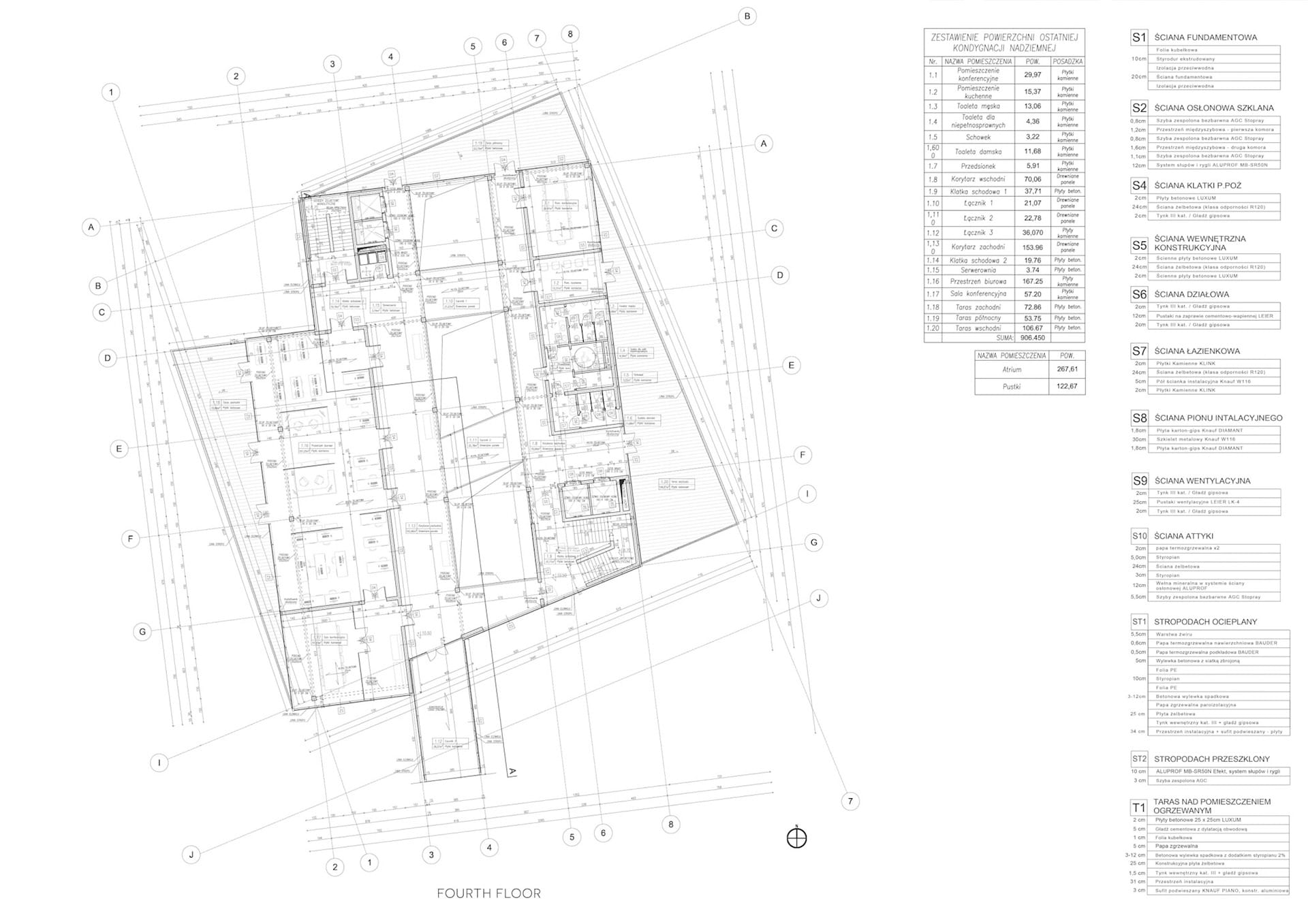 Fourth floor plan alongside a schedule of room areas and wall construction build-ups