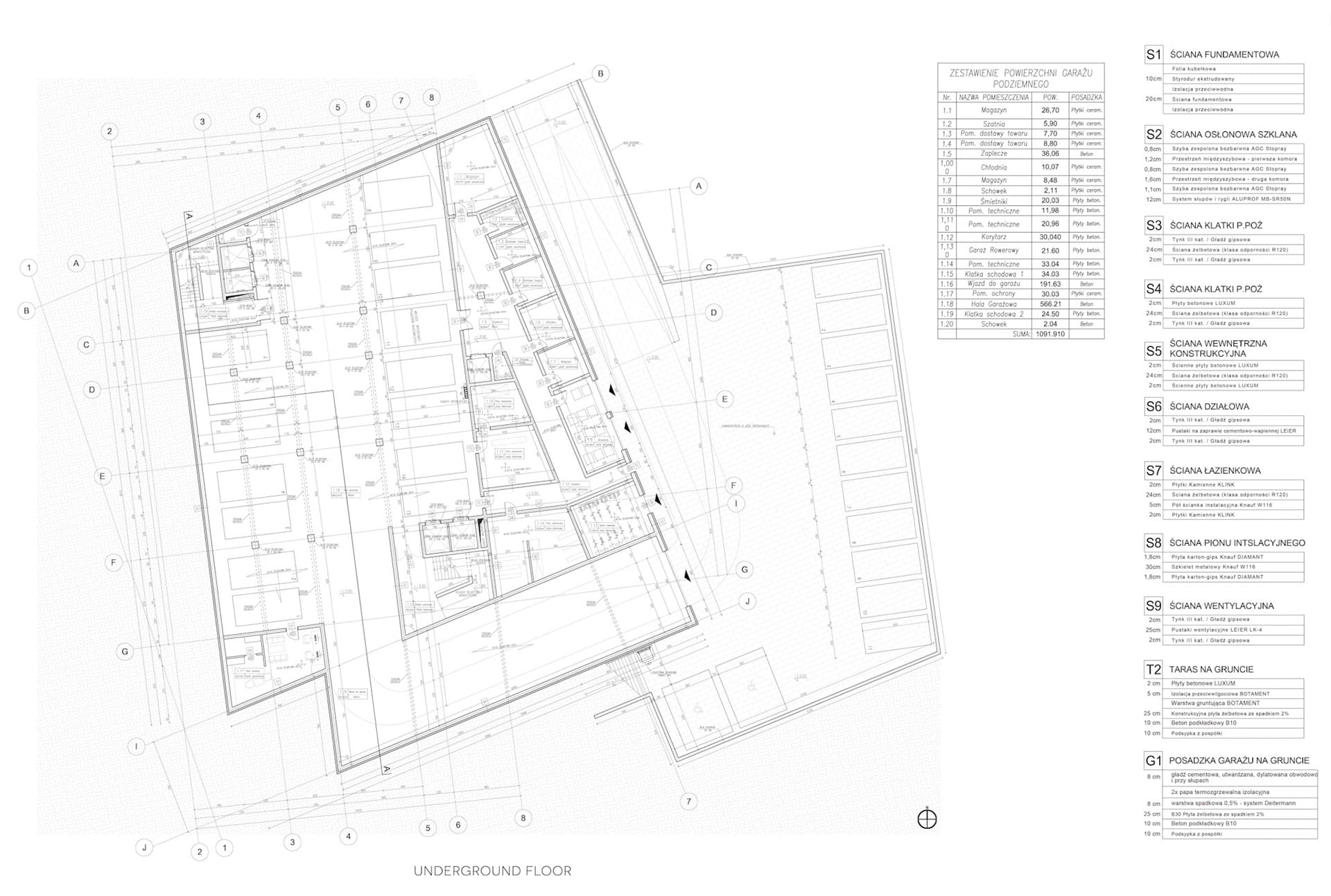 Underground garage floor plan alongside a schedule of room areas and wall construction build-ups