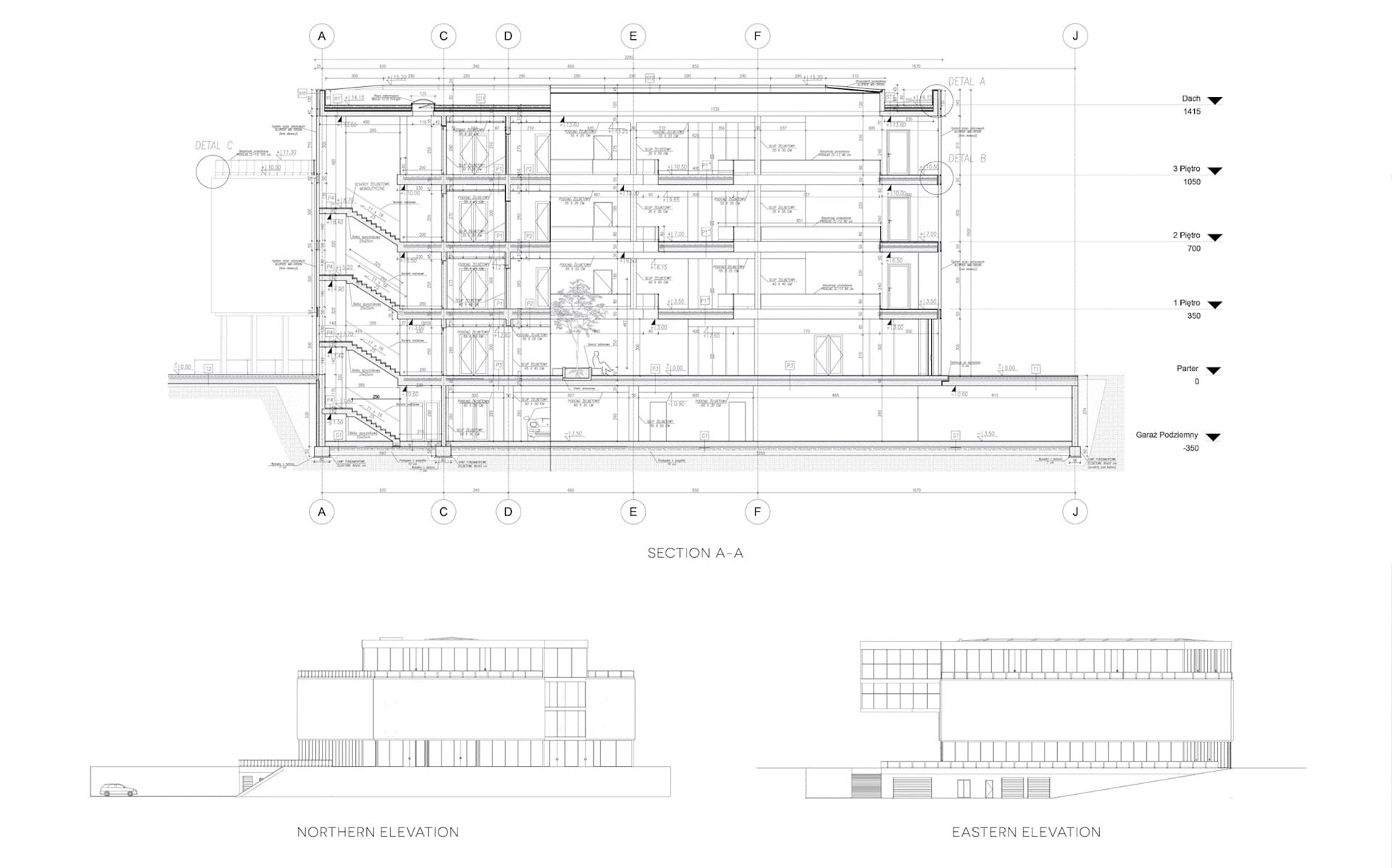 Cross-section A-A of the four-storey building with garage below, plus the northern and eastern elevations
