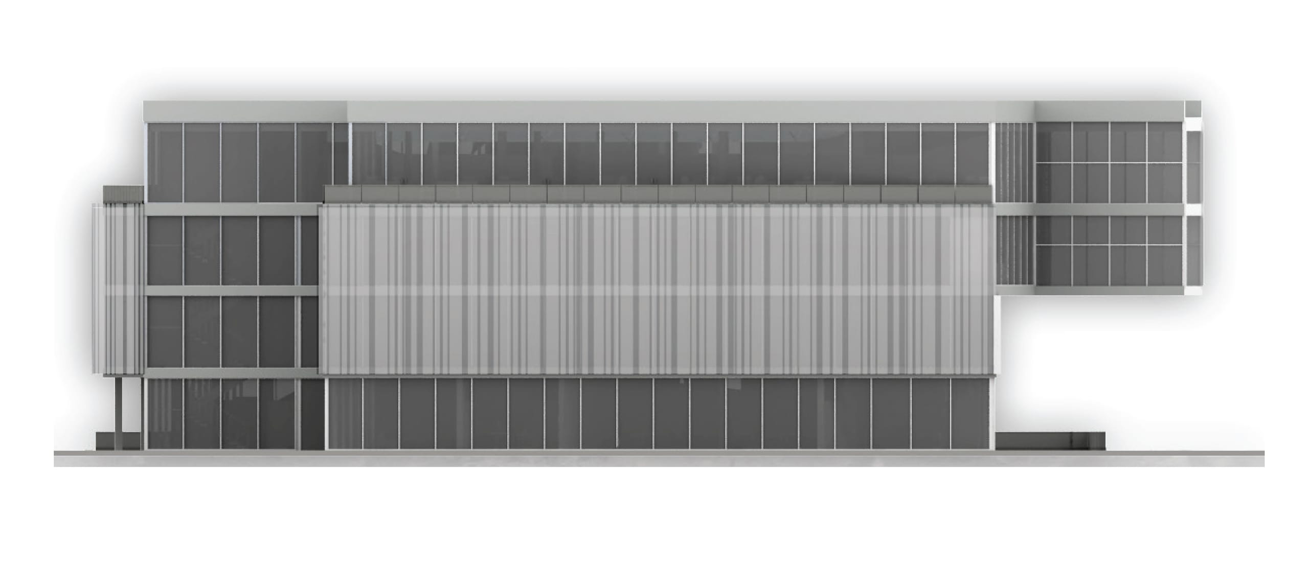Grayscale side elevation render of the building facade with its glazed curtain wall and vertical fins