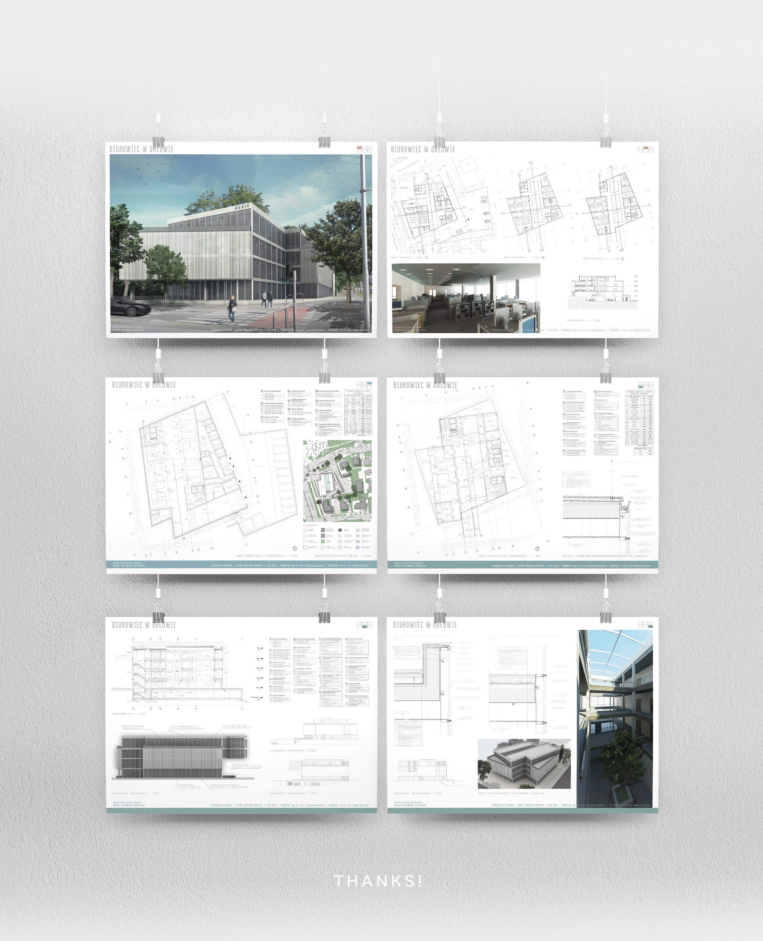 Six project presentation boards hung on a wall showing renders, plans, sections and details, captioned "Thanks!"