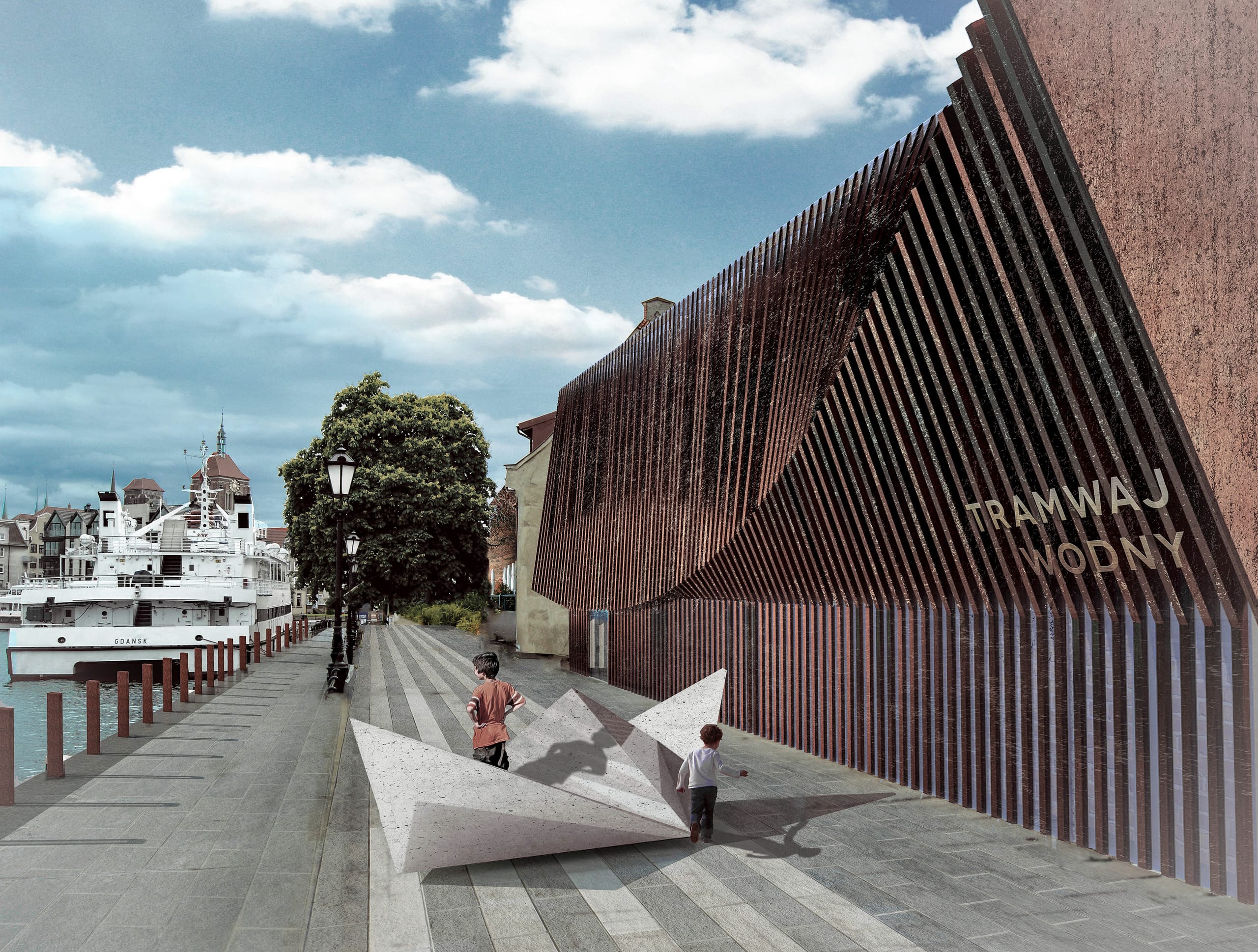 Promenade render: Cor-ten slat facade of the water tram station, children on a concrete paper-boat sculpture, Old Town beyond