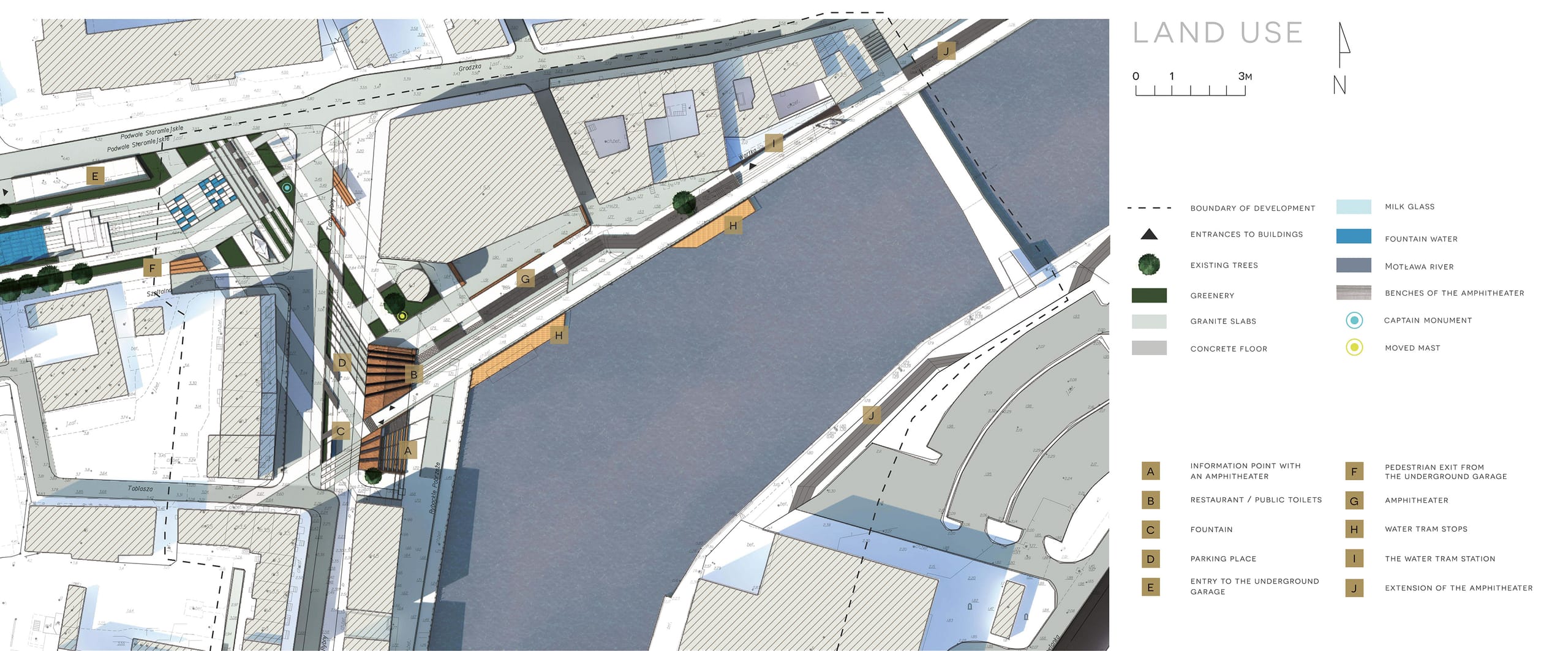 Colour-coded land-use site plan of the Motlawa waterfront with a keyed legend, north arrow and scale bar