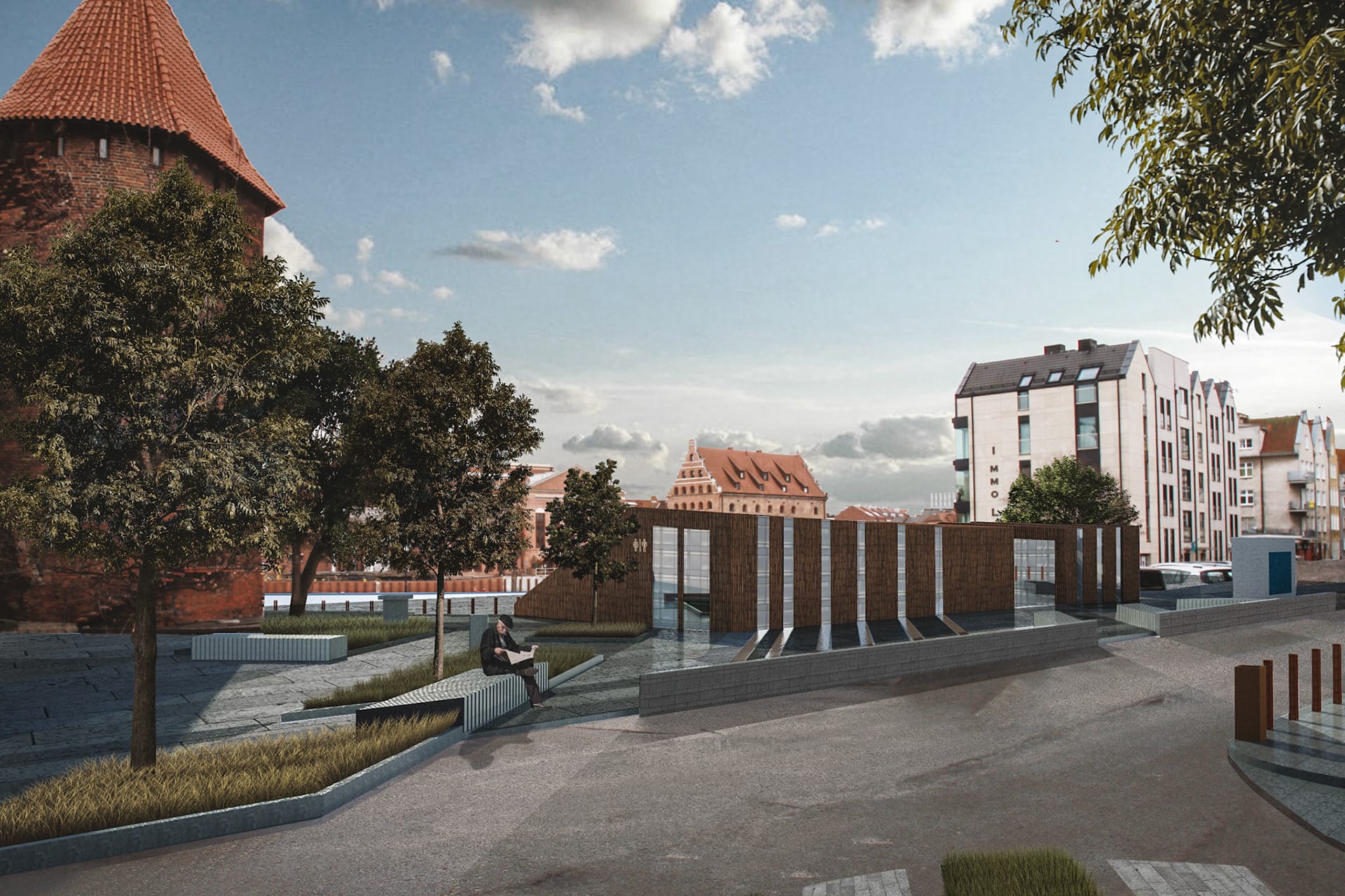 Render of the wooden-slat toilet and restaurant building beside the brick Tower of the Swan, with benches and a small fountain