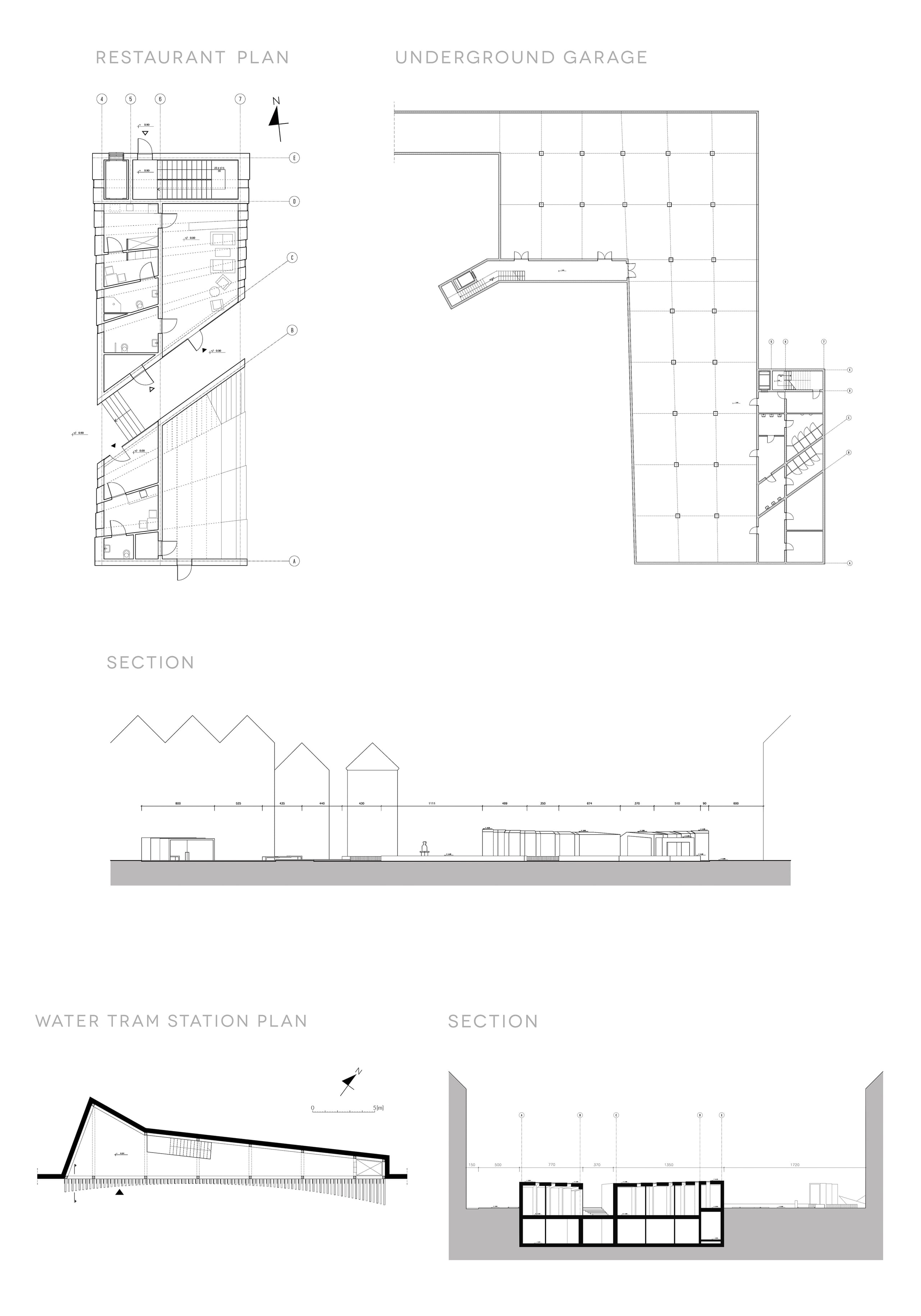 Technical sheet: restaurant floor plan, underground garage plan, site section and water tram station plan and section