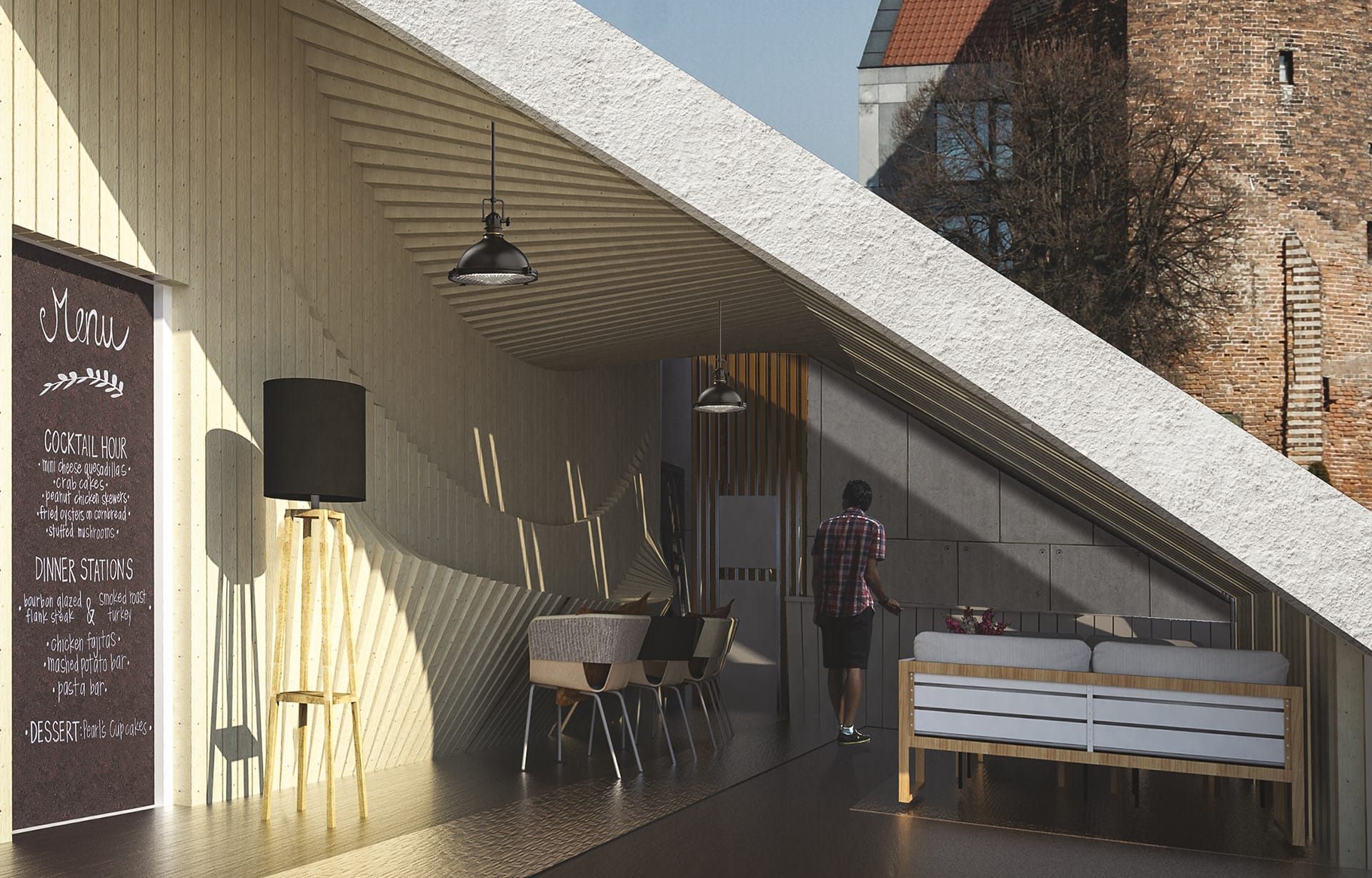 Restaurant interior render with a parametric wooden-slat ceiling, chalkboard menu, pendant lamps, dining chairs and a sofa