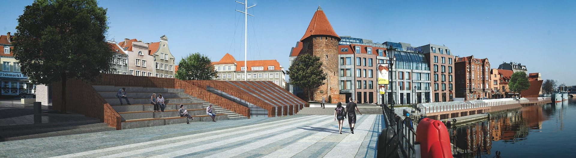 Panorama of the amphitheatre steps and benches along the boulevard, brick tower at centre, water tram station at far right