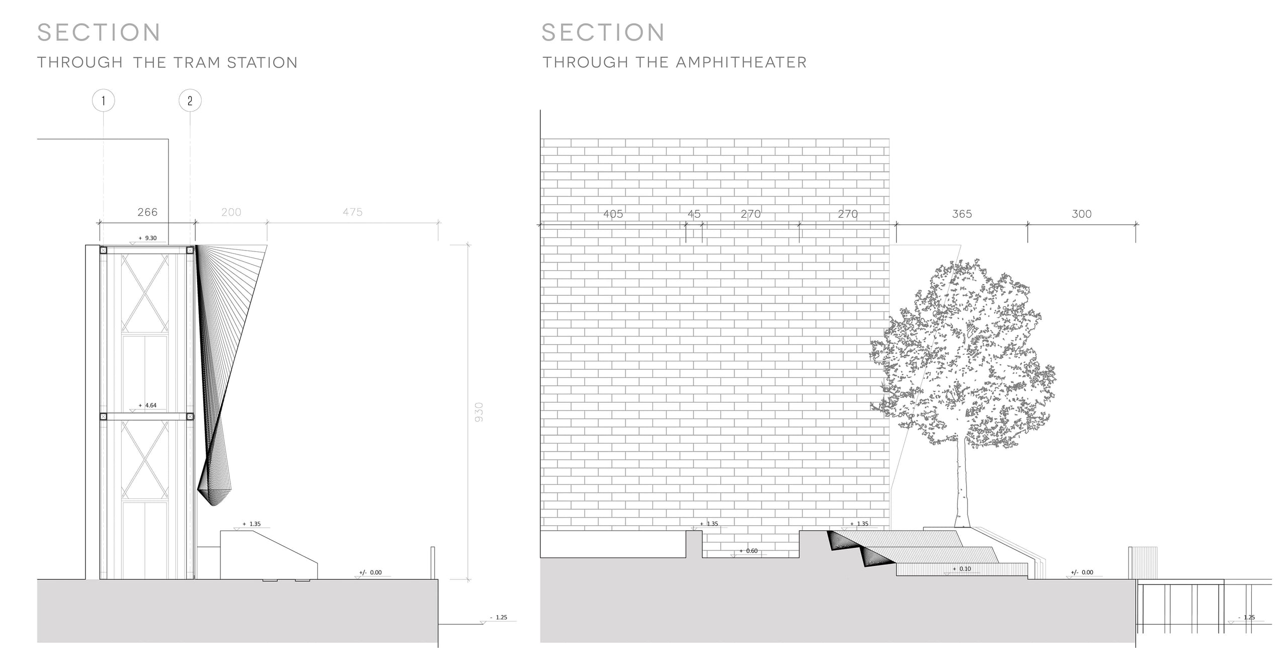 Two technical sections: through the water tram station and through the brick-walled amphitheatre with a tree
