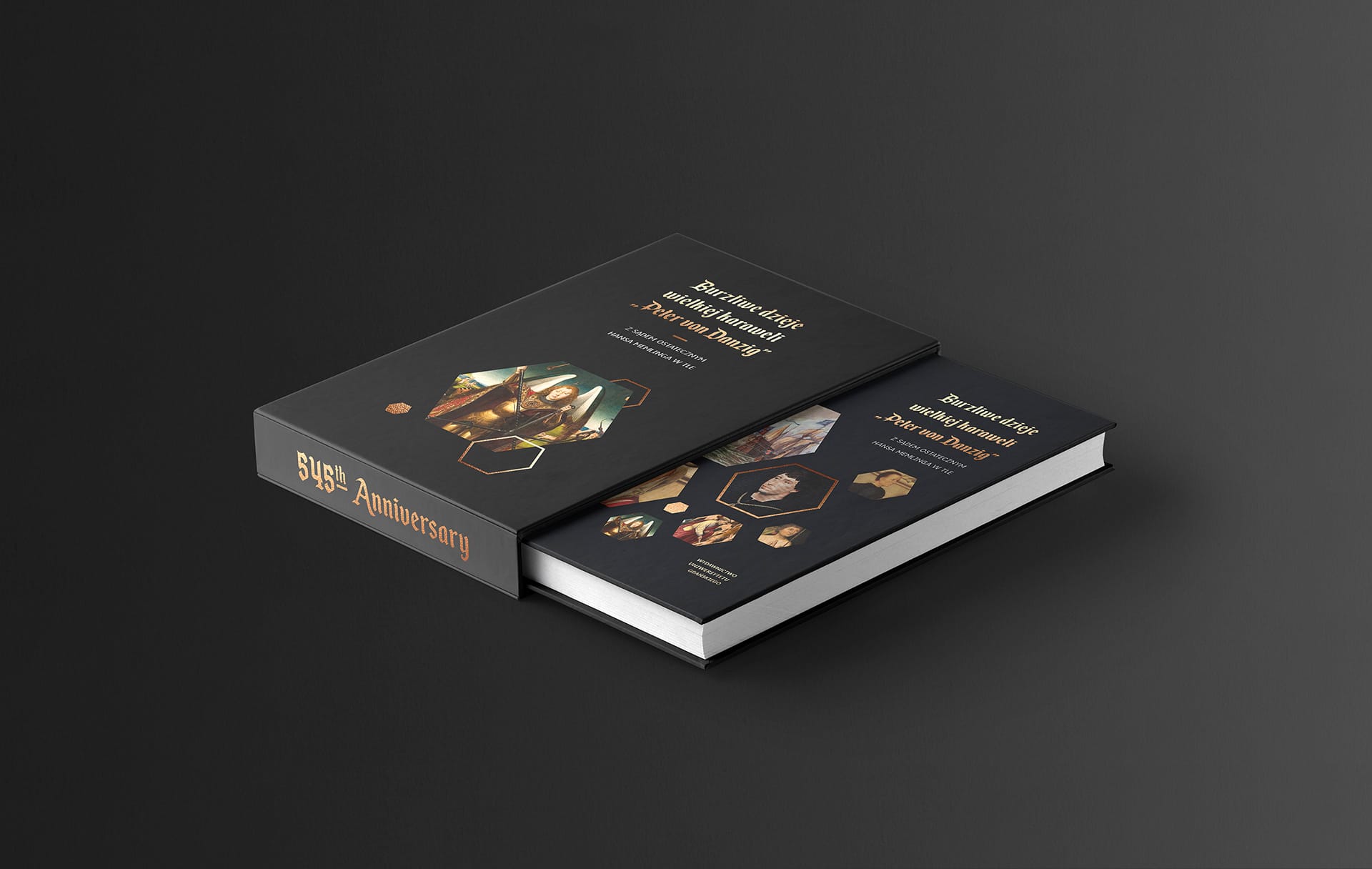 Hardcover book partly out of its "545th Anniversary" slipcase, front and back covers laid out with hexagon portrait details