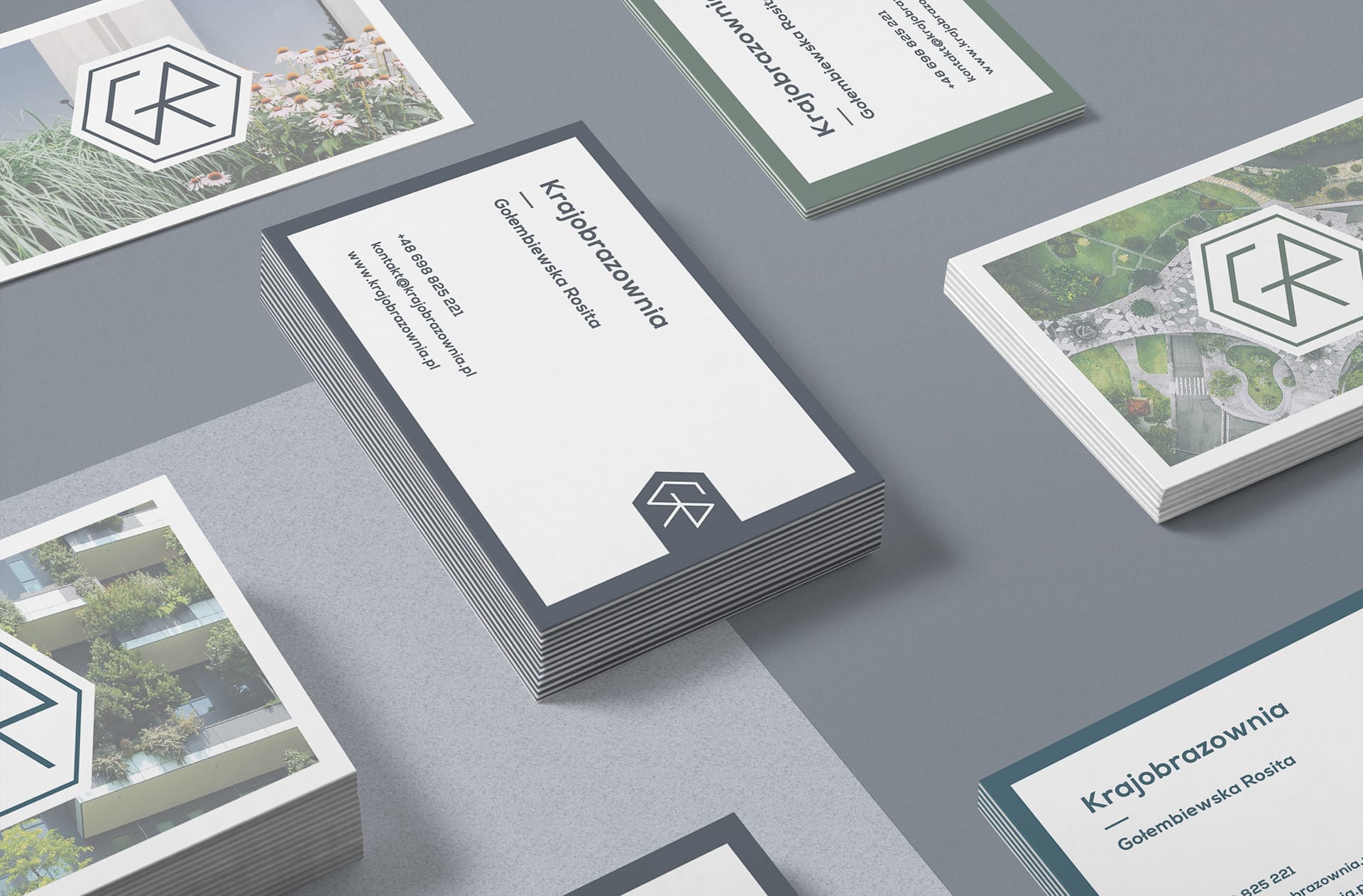 Stacks of double-sided business cards showing the CR hexagon logo, contact details and landscape photography
