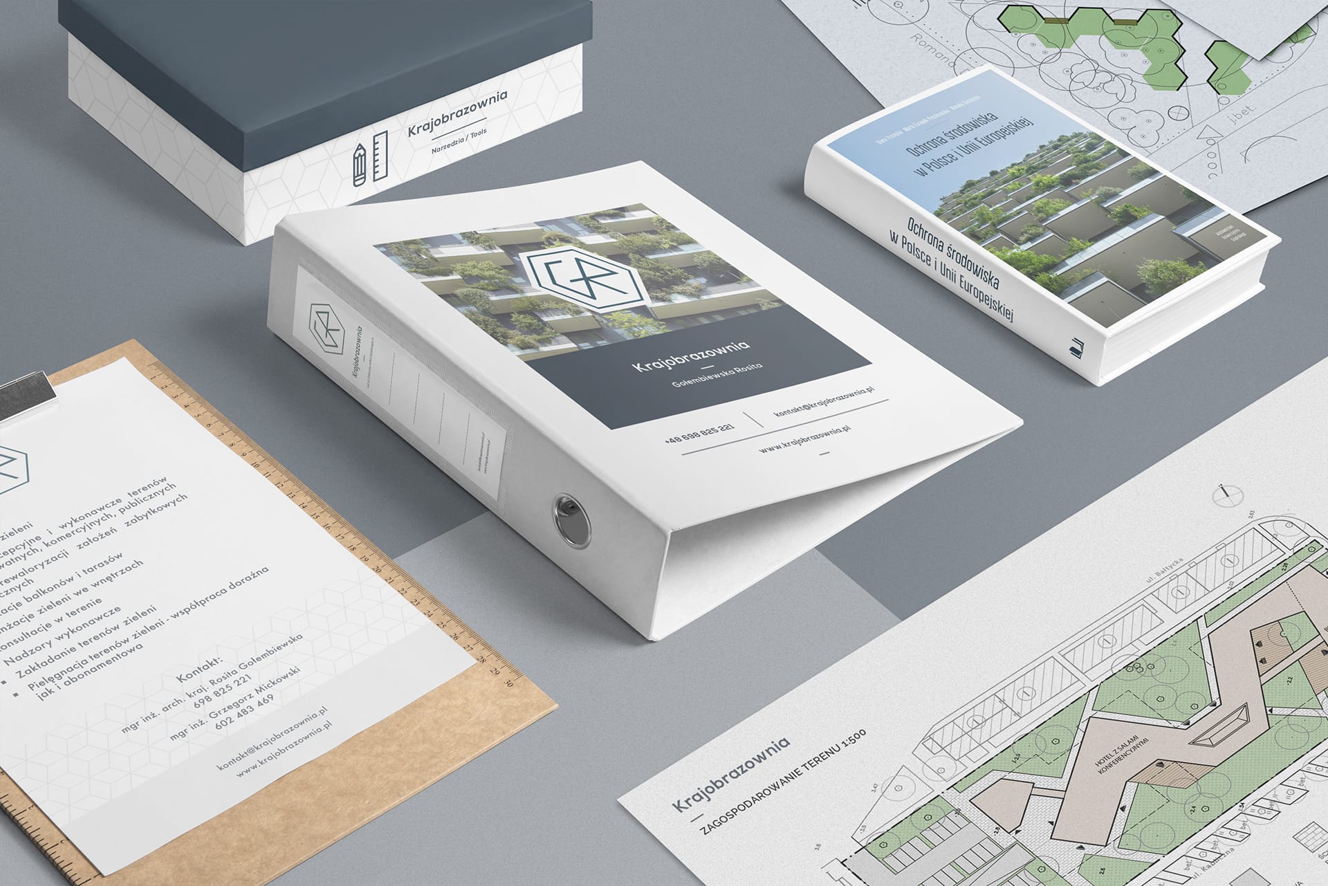 Branded ring binder, tools box, book and printed landscape site plans applying the Krajobrazownia identity