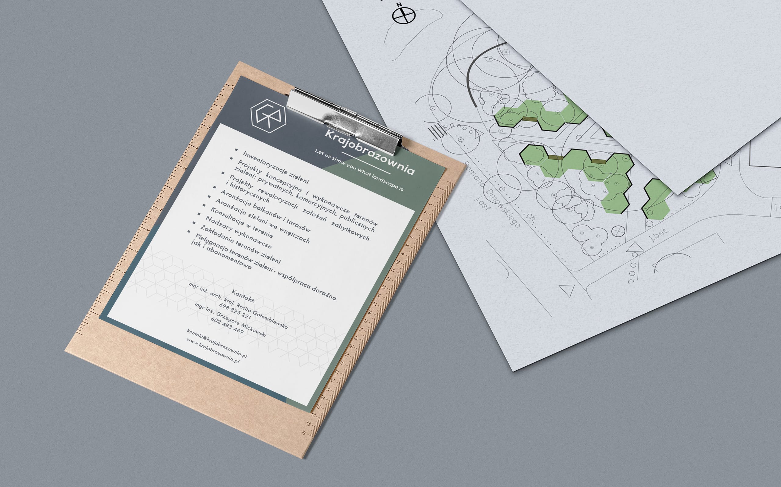 Branded services flyer on a clipboard listing Krajobrazownia offerings, beside a line-drawn landscape site plan