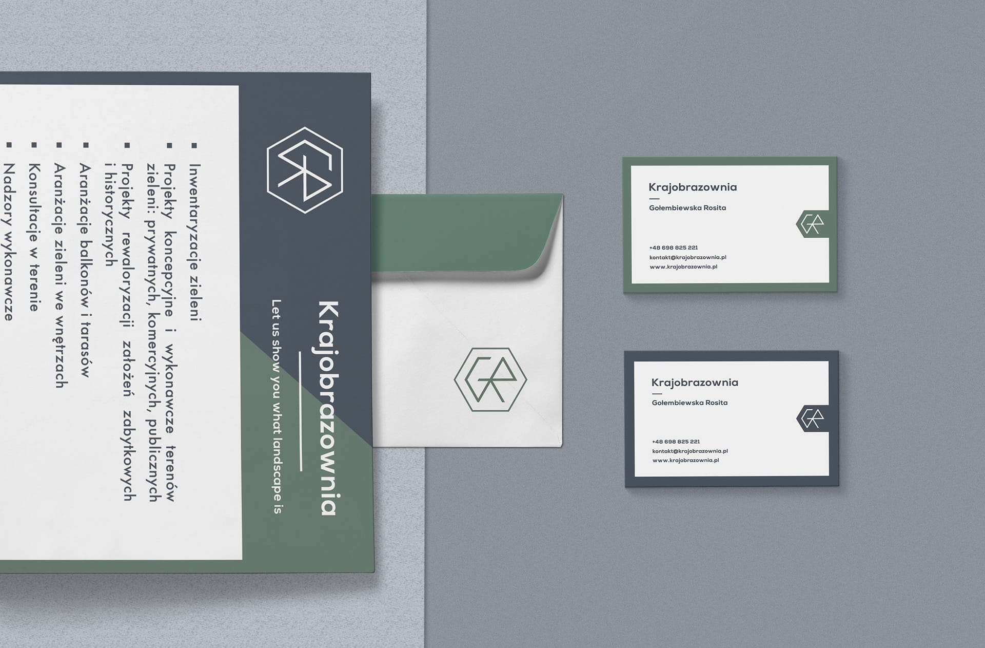 Stationery set flat-lay: services flyer, logo-embossed envelope and two business-card variants in sage and slate
