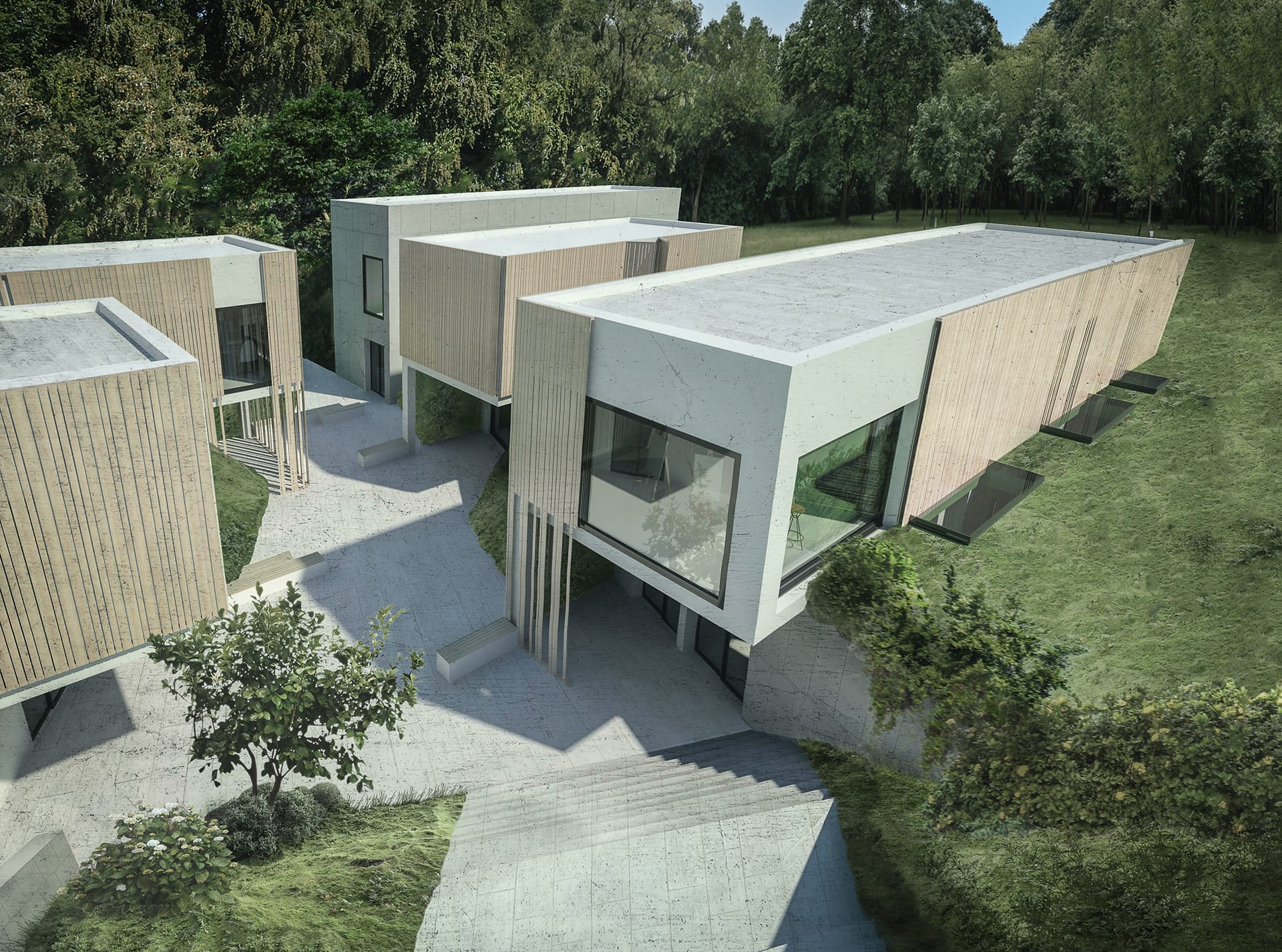 Aerial render of ODK's white-plaster and wood-clad blocks with green roofs among trees, linked by paved paths