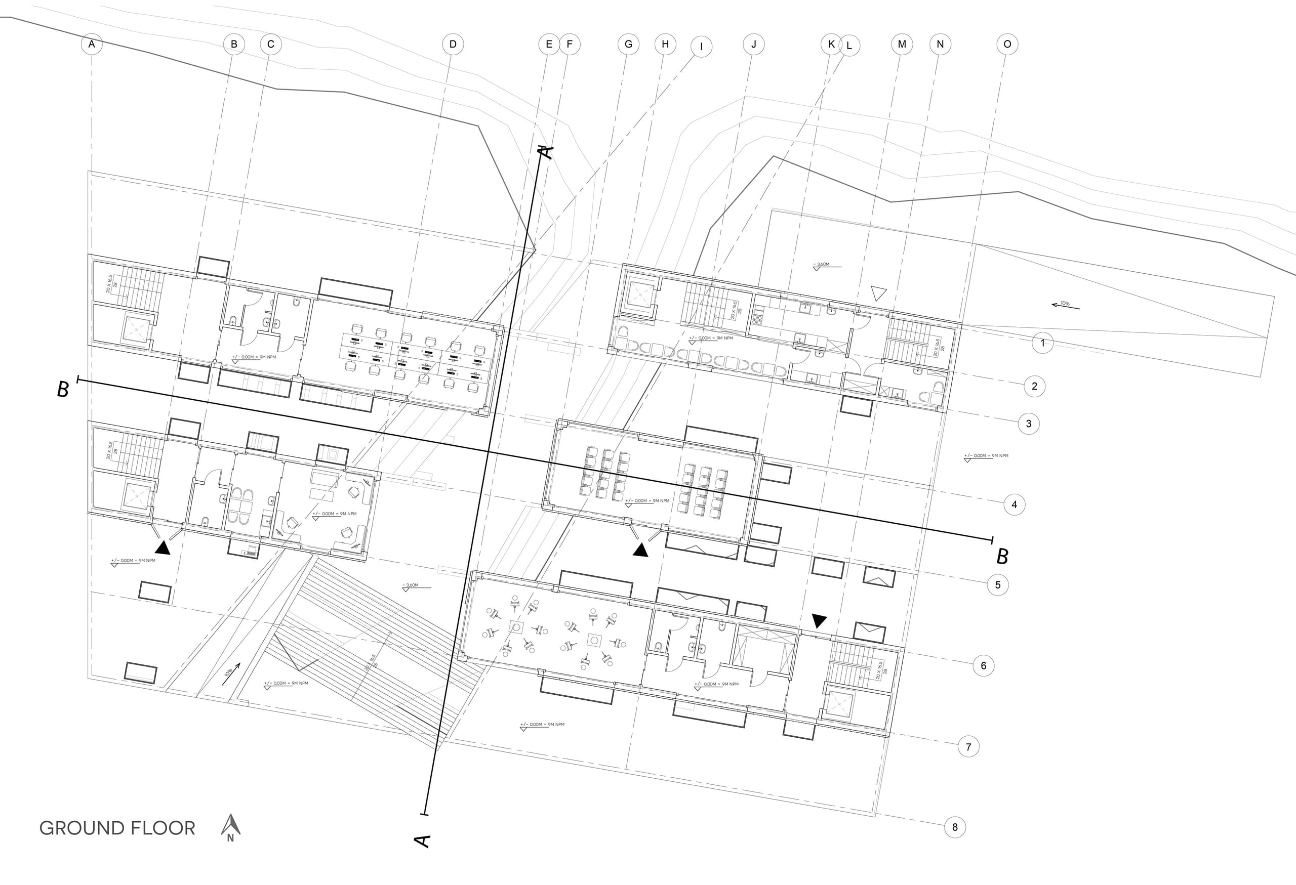 Ground-floor plan of ODK showing furnished rooms across four building bars with grid lines, A-A and B-B section cut markers and north arrow