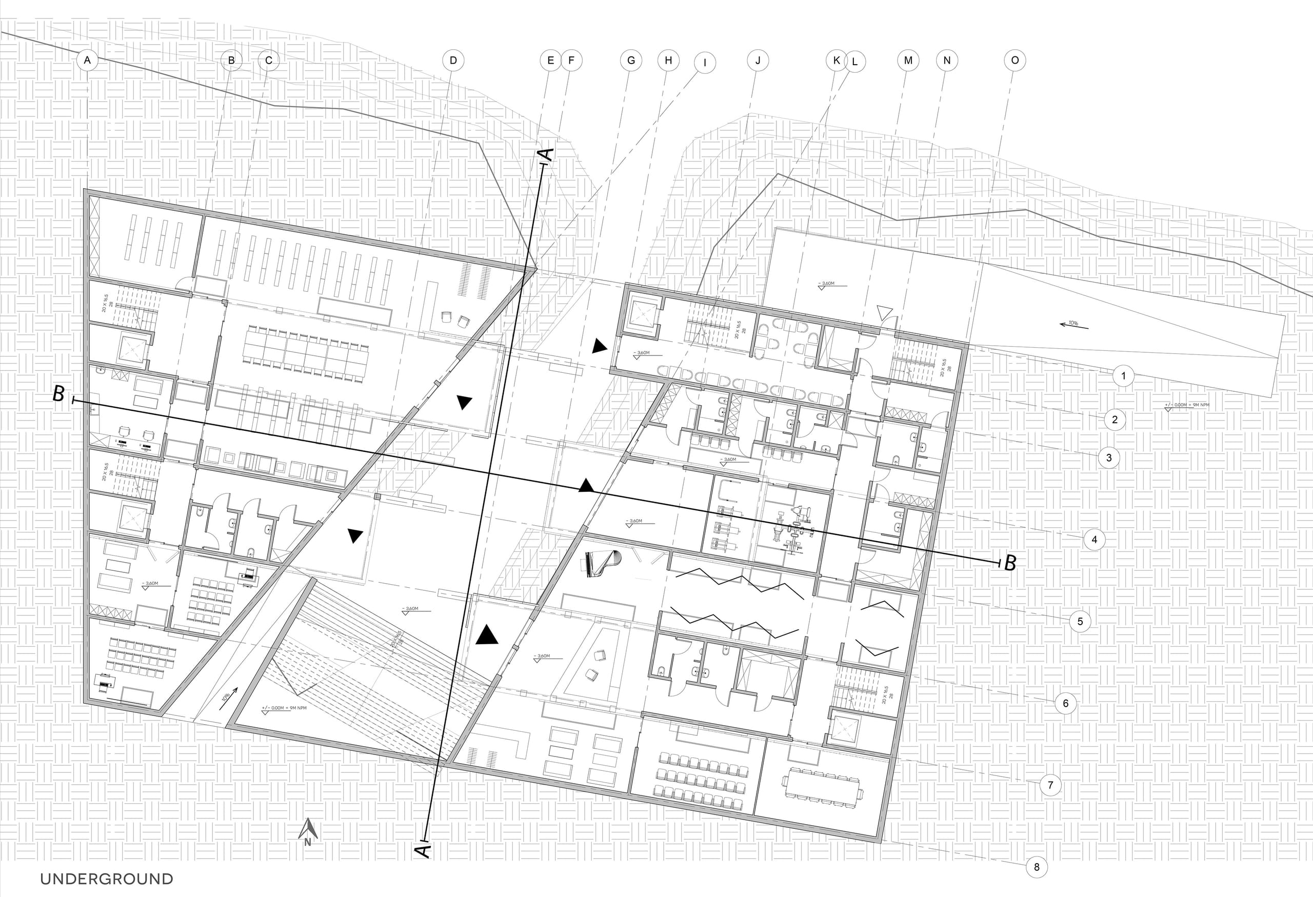 Underground-level plan of ODK showing the fuller lower floor with parking, workshops and rooms, grid lines and section cut markers