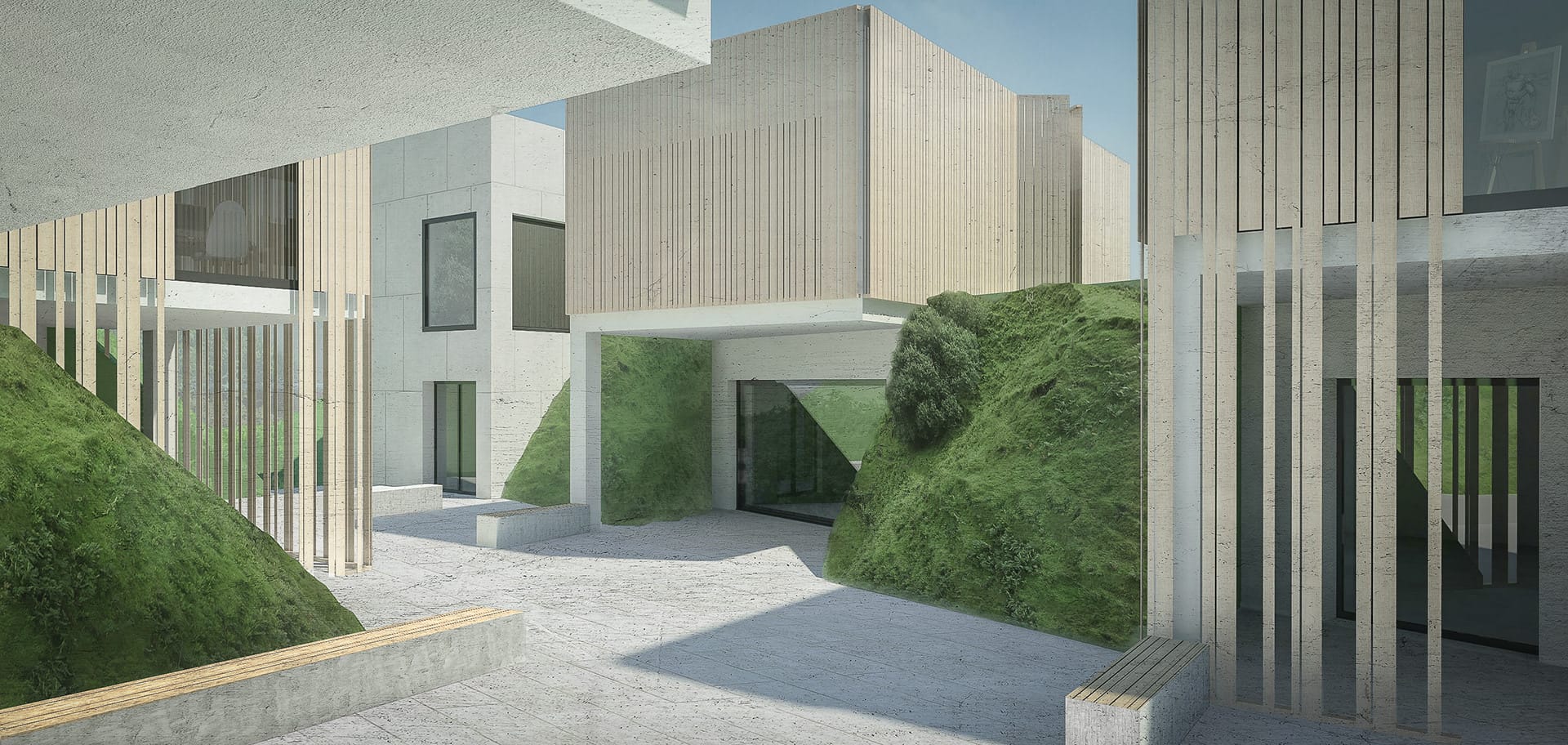 Render of ODK's sunken courtyard: grassy green mounds banked against white-plaster walls, wood-slat screens and glazed openings framing a paved passage