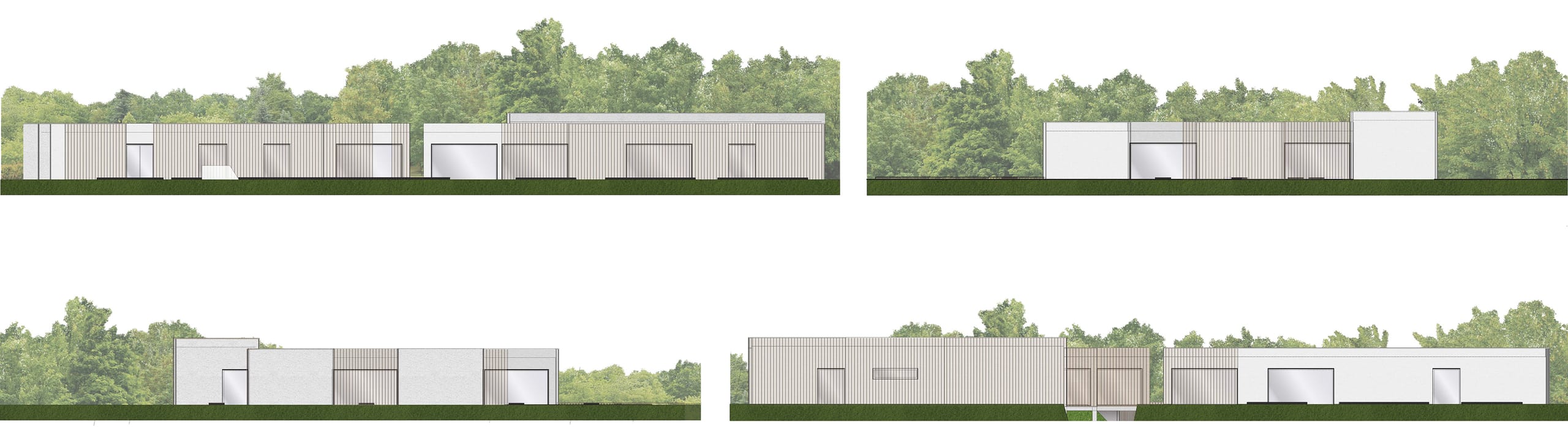 Colour elevation renders of ODK's four facades against trees, showing the wood-slatted and white-plaster volumes above a green lawn