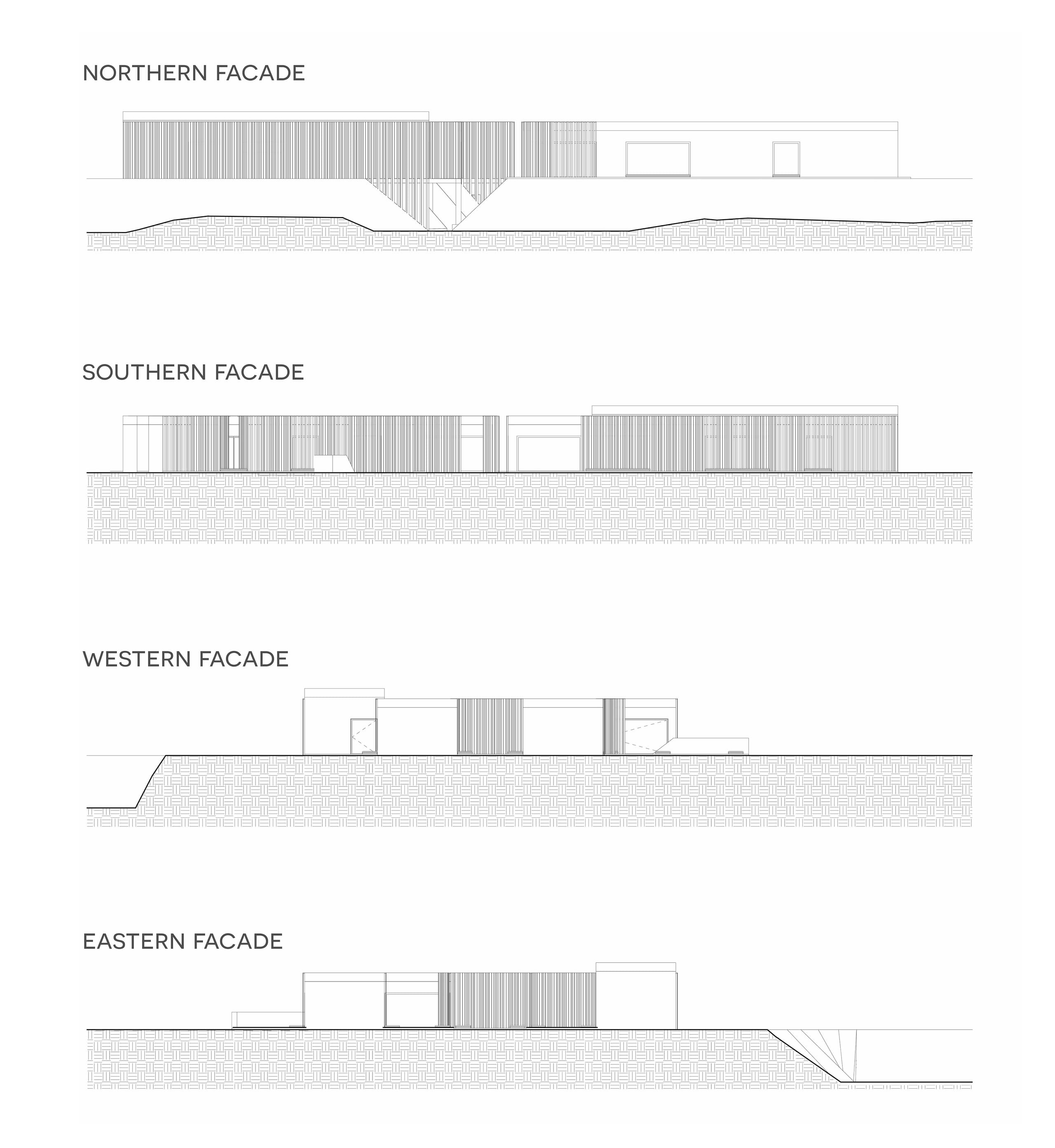 Line-drawing elevations of ODK's northern, southern, western and eastern facades showing the wood-slatted volumes above the ground profile