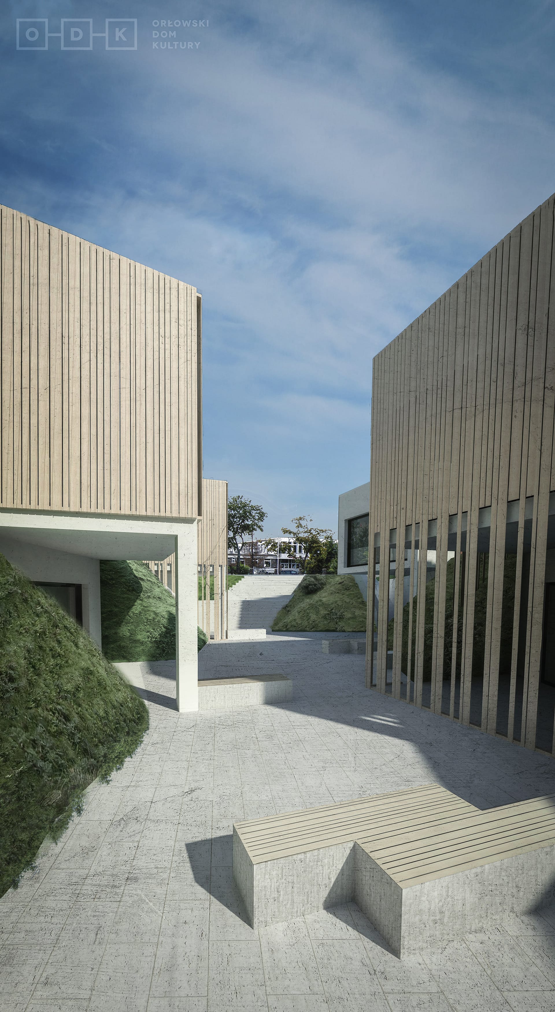Render between two wood-clad ODK blocks, one cantilevered over a recessed entry, with grassy mounds, a wood bench and steps to the street
