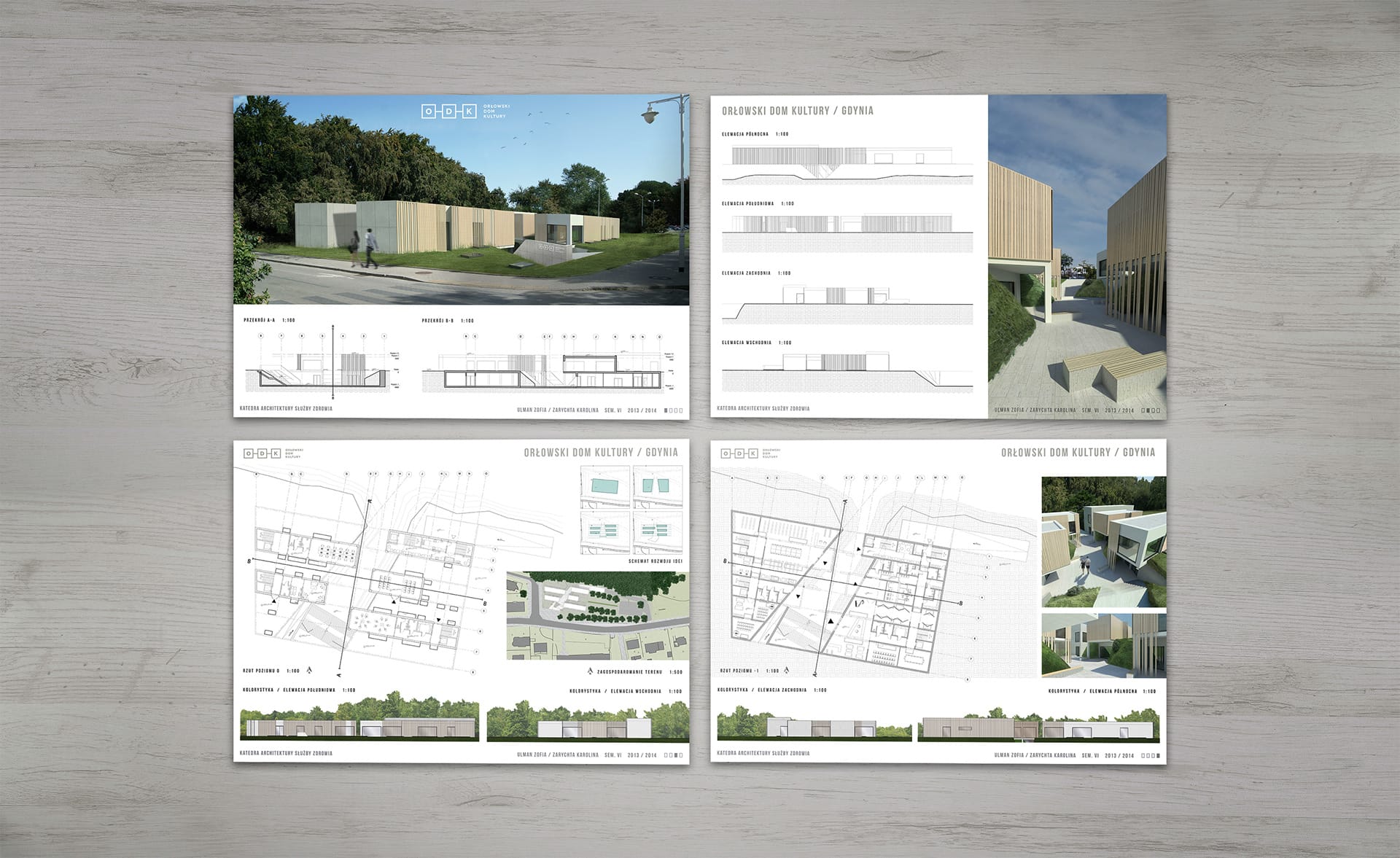 Four ODK presentation boards laid on a wood surface, combining renders, floor plans, site plan, elevations and sections with the project title