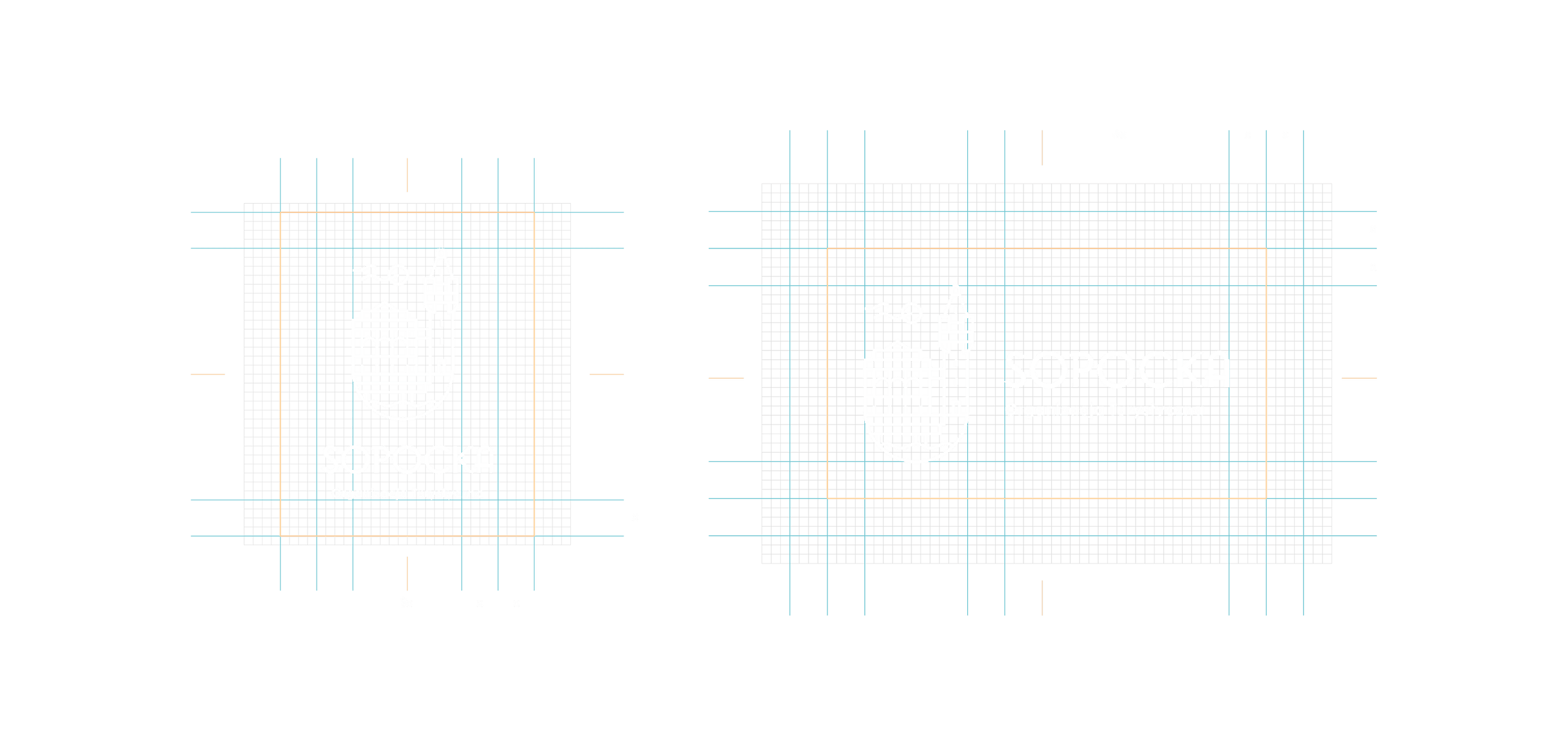 Logo grid construction: vertical and horizontal lockups built on square grids with clear-space guides