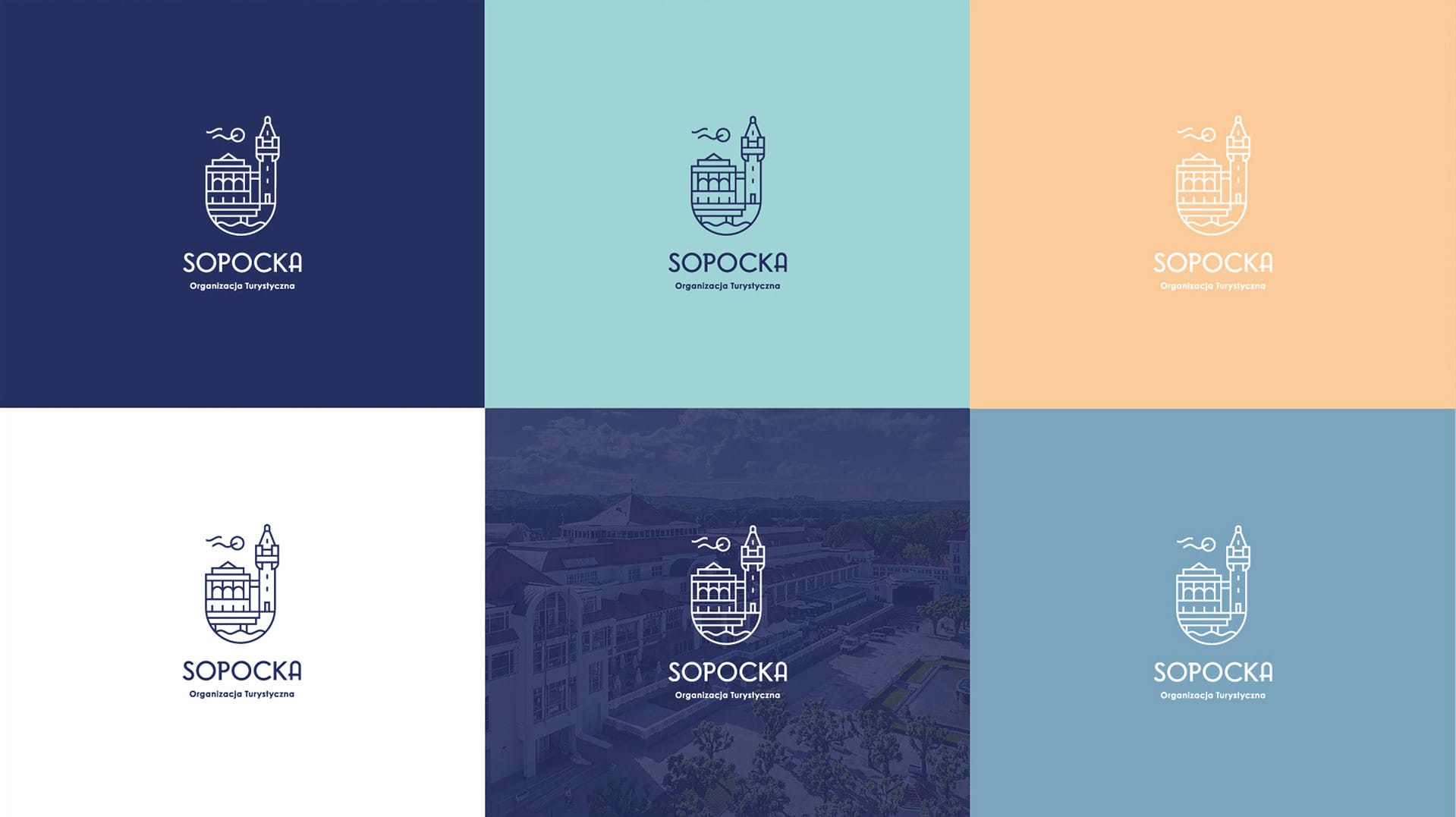 Sopocka logo shown across six approved backgrounds: navy, teal, yellow, white, blue and a photo overlay