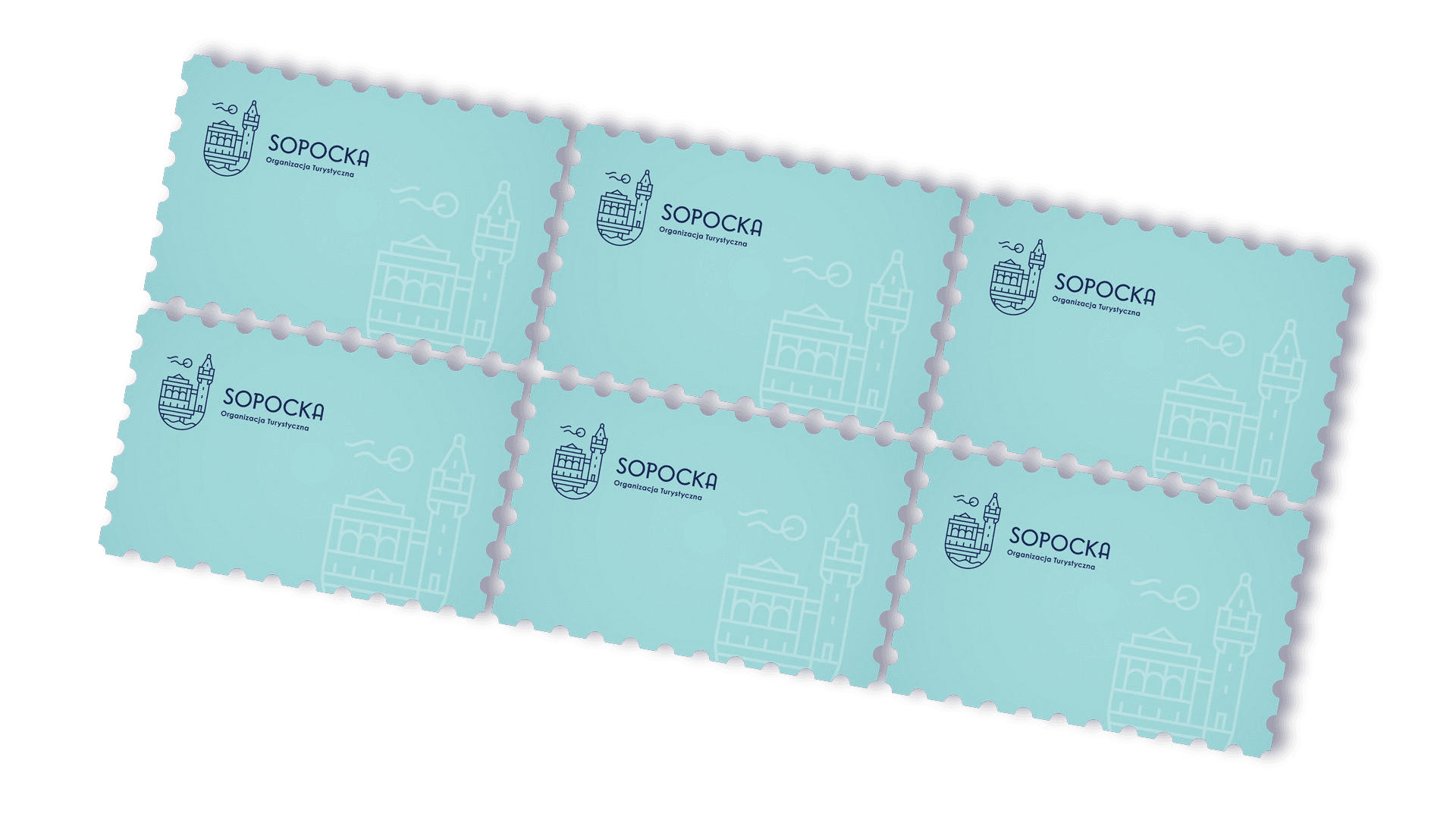 Perforated stamp-style tiles in teal, each printed with the Sopocka logo