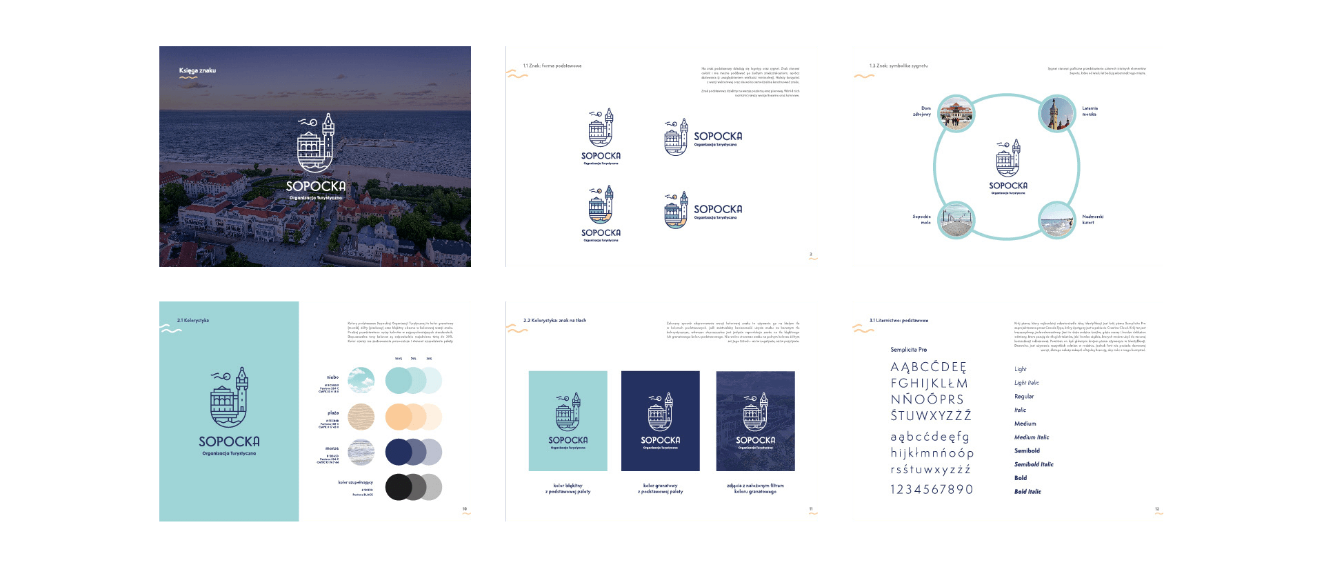 Brand book spreads covering logo forms, symbolism, colour palette and typography