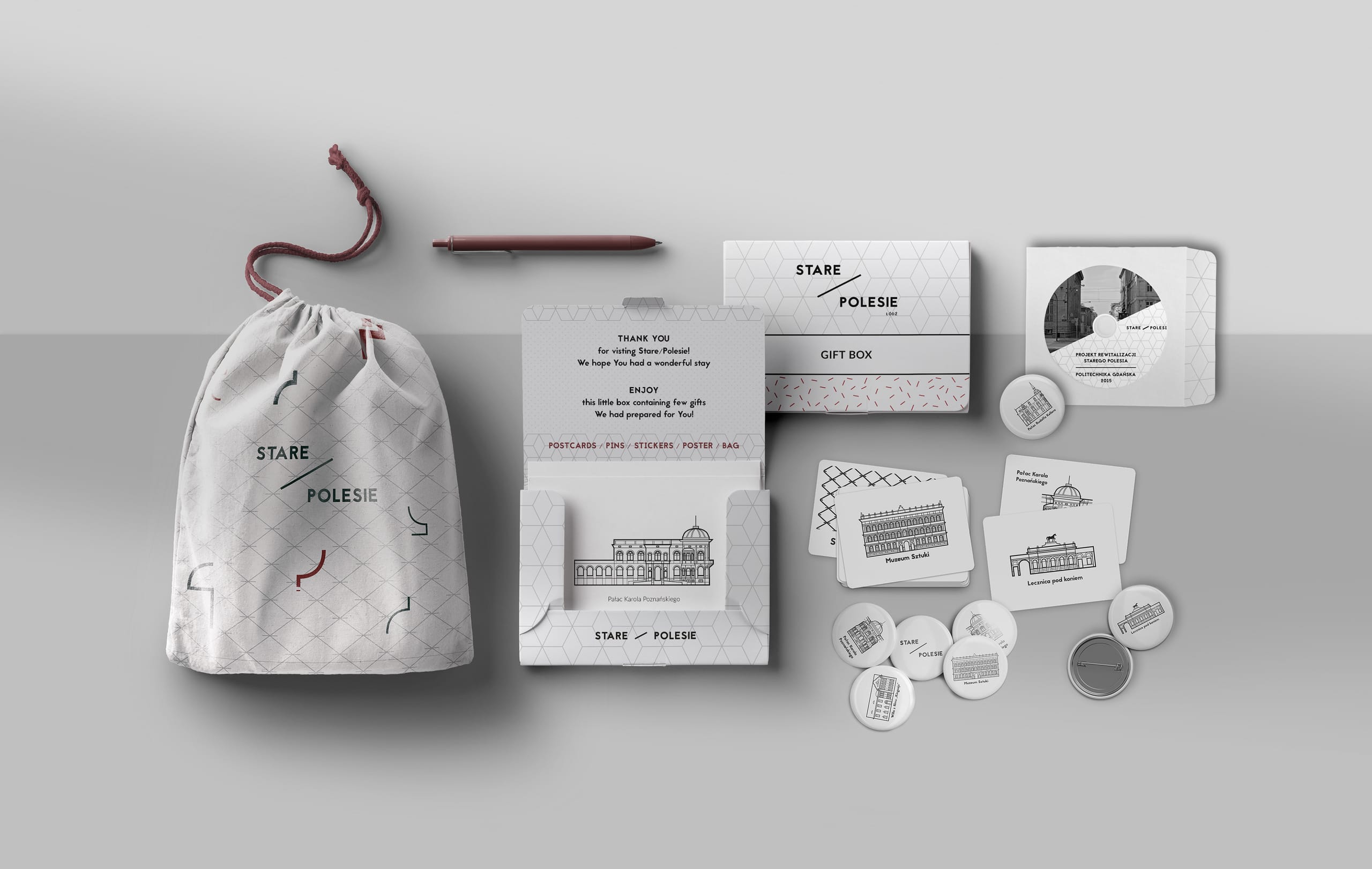 Stare Polesie merchandise flat-lay: drawstring bag, pen, gift box, CD, building-icon pins and postcards