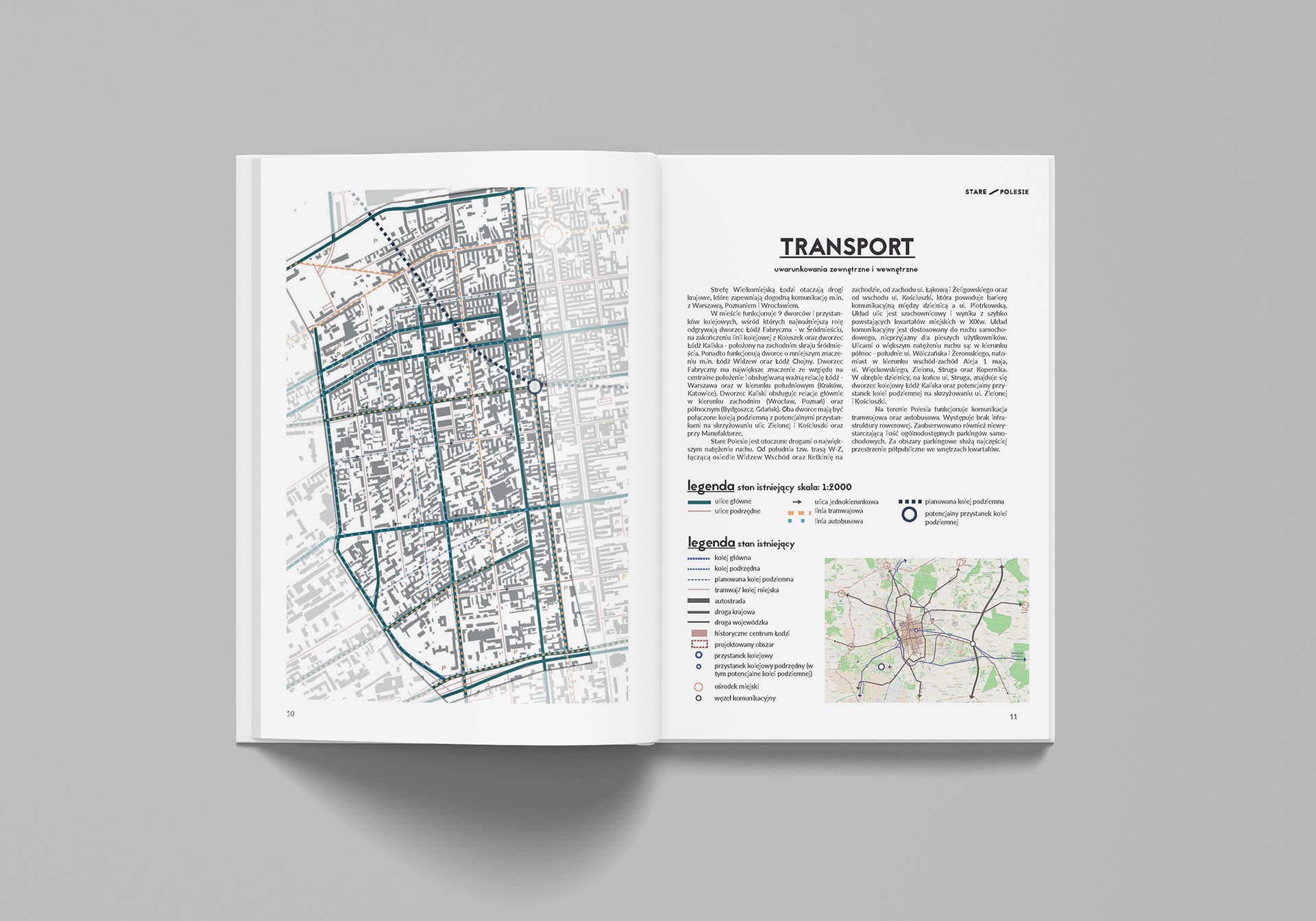 Open booklet spread with a Transport section district street map and legend