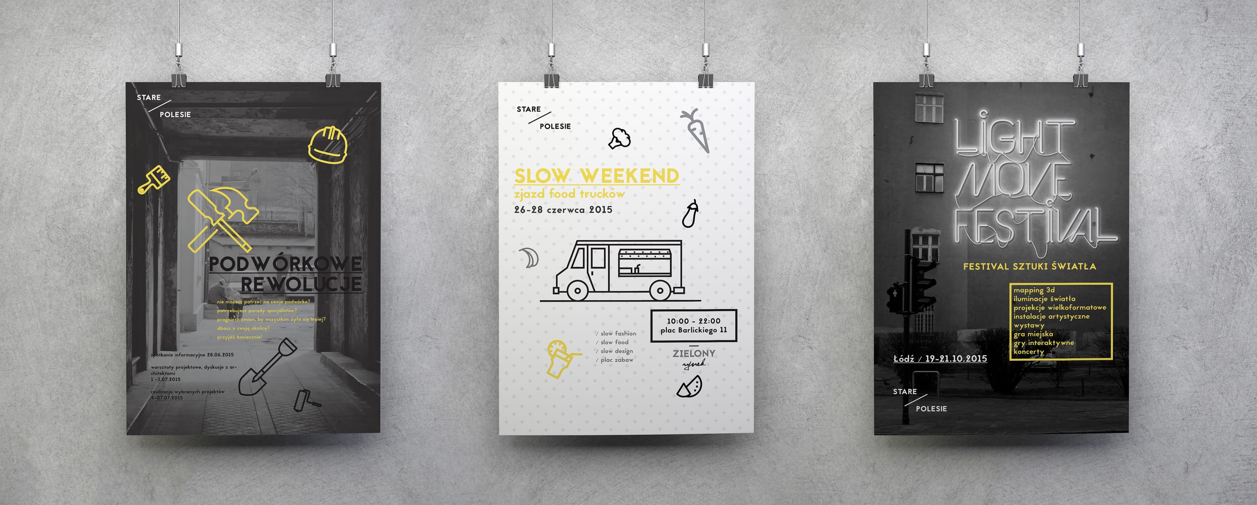 Three hanging event posters: Podwórkowe Rewolucje, Slow Weekend food trucks and Light Move Festival