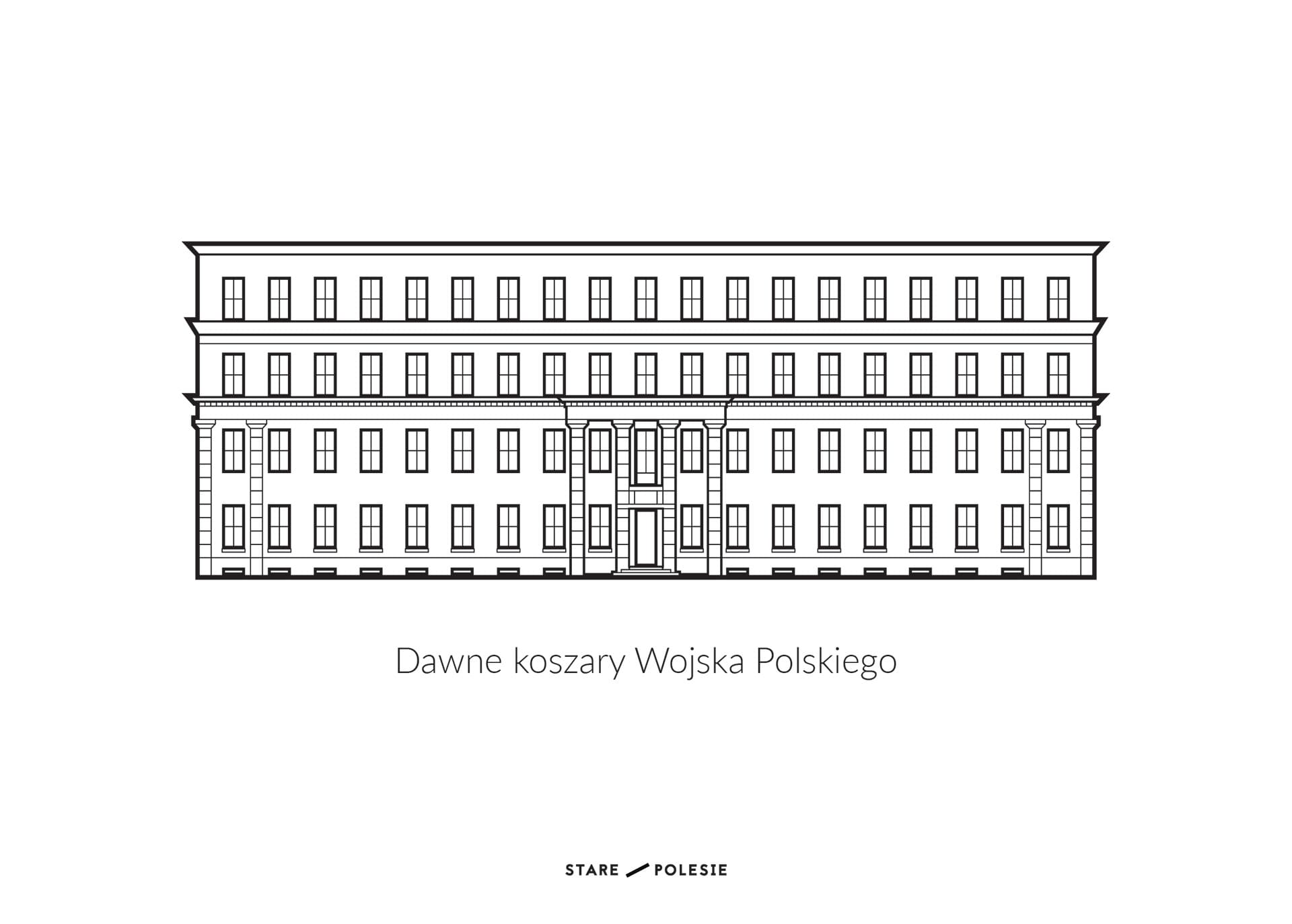 Black line-drawing poster of the former Polish Army barracks, labelled Dawne koszary Wojska Polskiego
