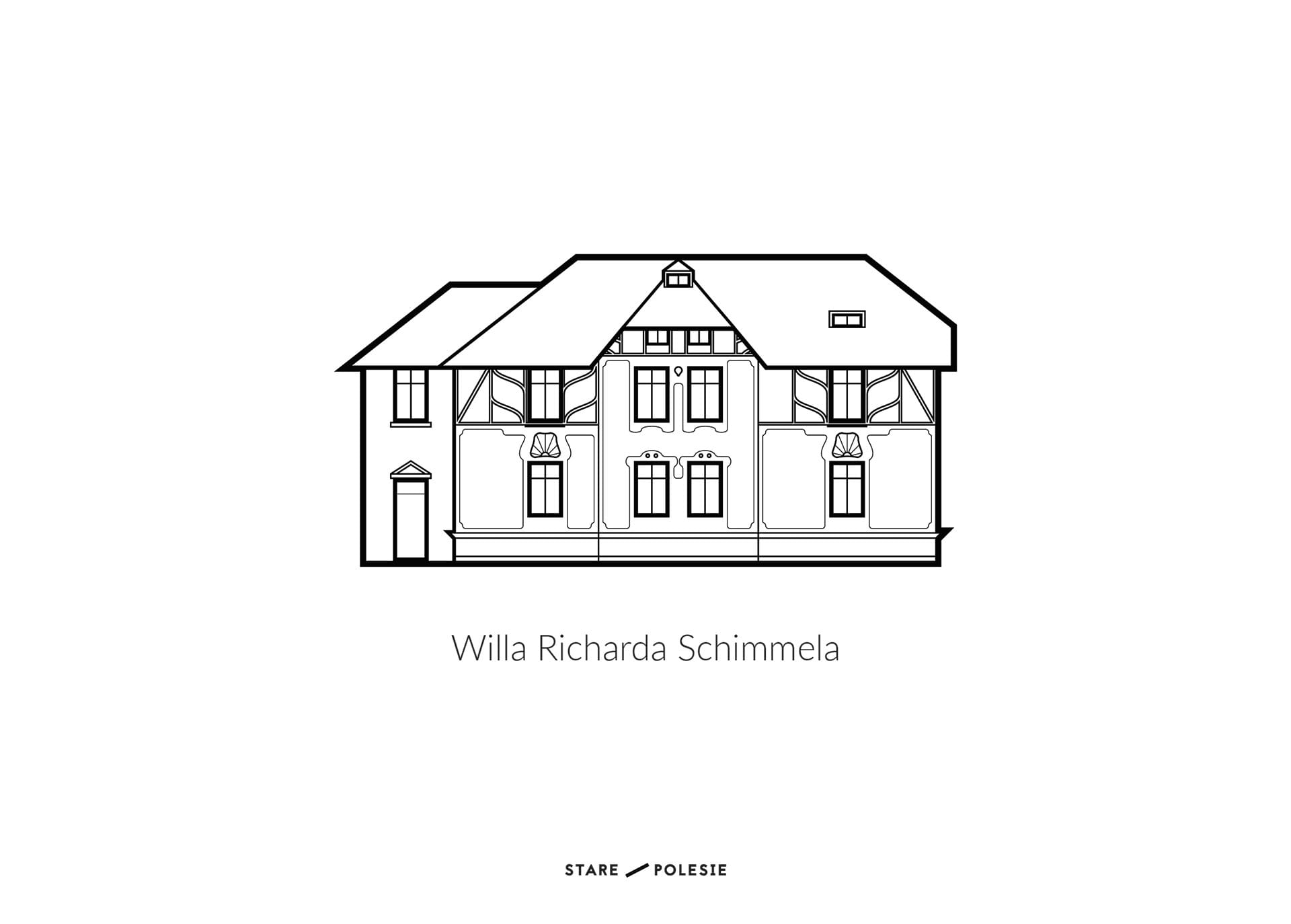 Black line-drawing poster of the half-timbered Richard Schimmel villa, labelled Willa Richarda Schimmela