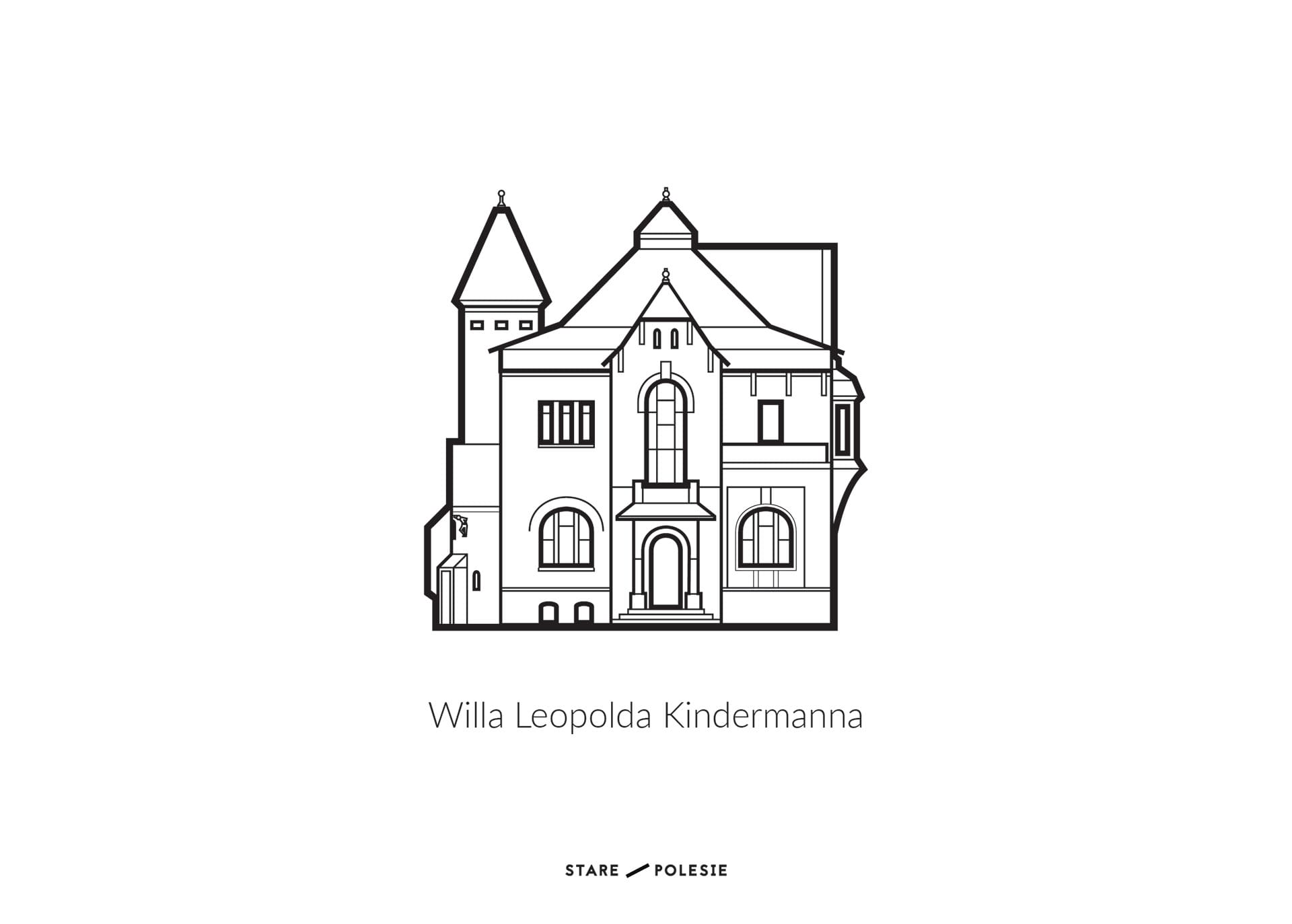 Black line-drawing poster of the turreted Leopold Kindermann villa, labelled Willa Leopolda Kindermanna