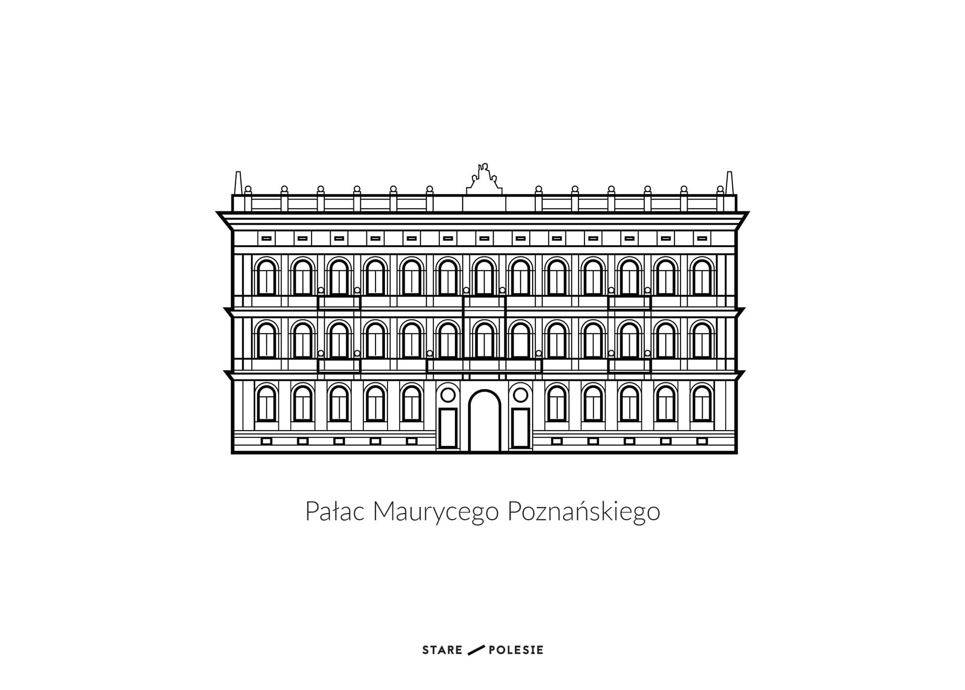 Black line-drawing poster of the Maurycy Poznanski palace facade, labelled Palac Maurycego Poznanskiego