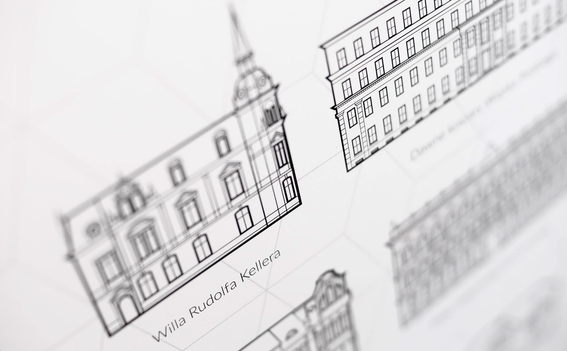 Close-up of the calendar's building line illustrations, labelled Willa Rudolfa Kellera