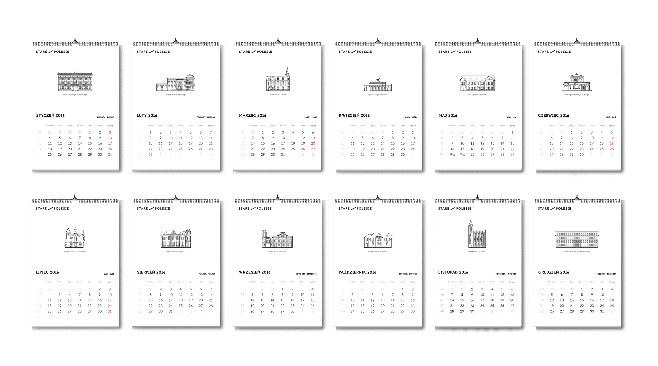 All twelve 2016 calendar months, each with a line illustration of a Stare Polesie cultural building