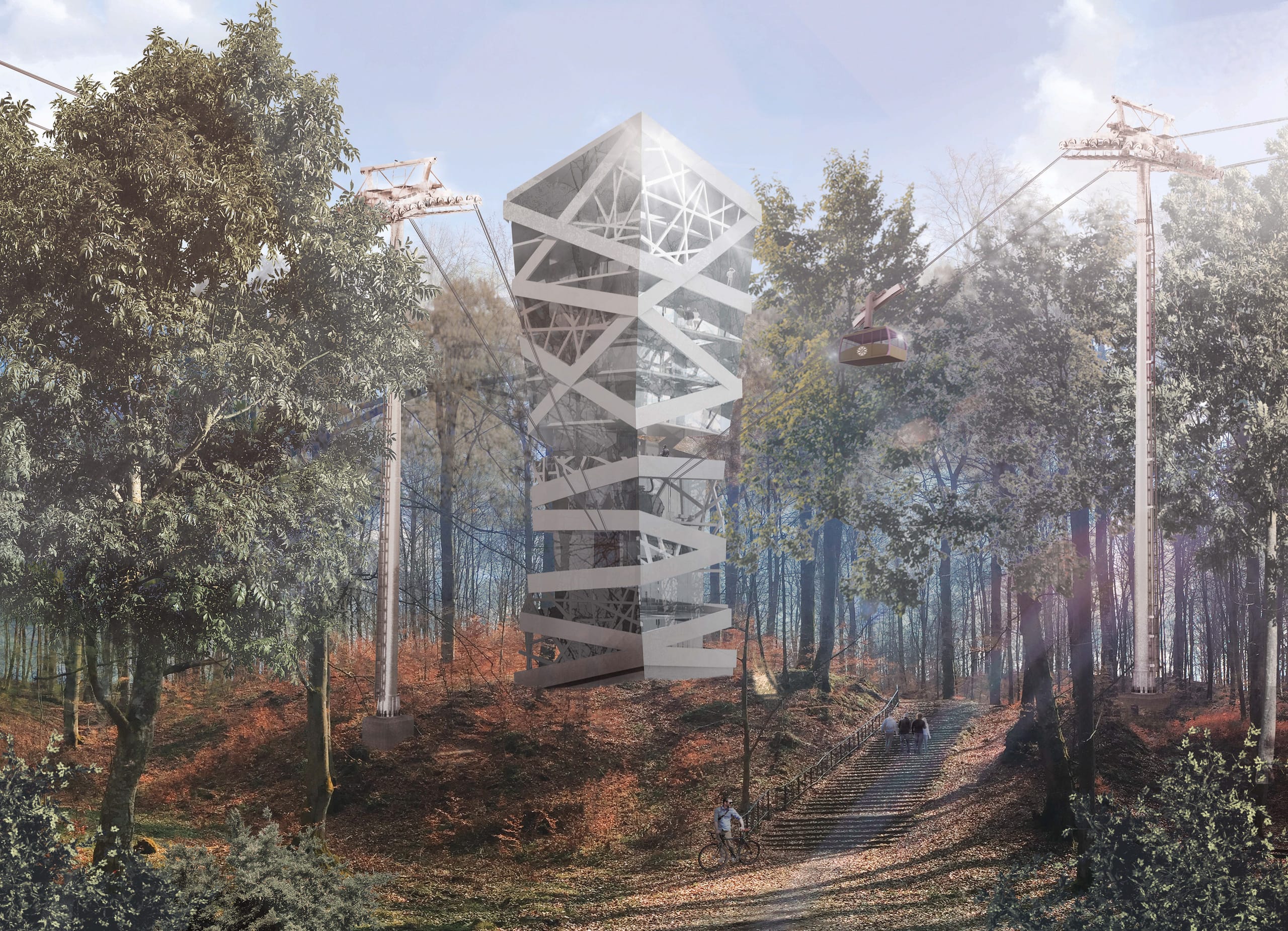 Exterior render of the faceted glass observation tower rising through autumn forest, with cable cars and support pylons