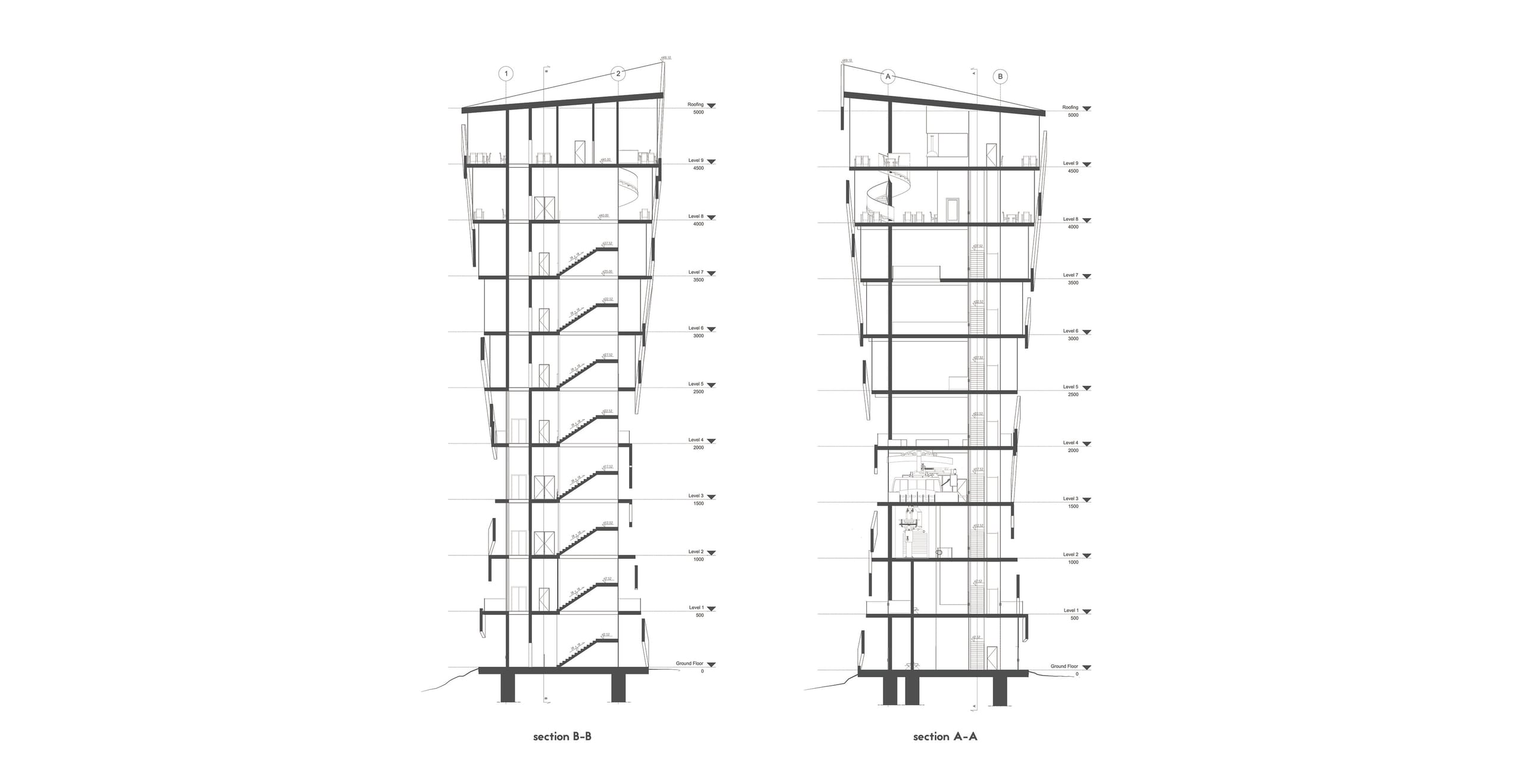 Sections B-B and A-A through the observation tower showing its nine stacked levels and connecting stairs