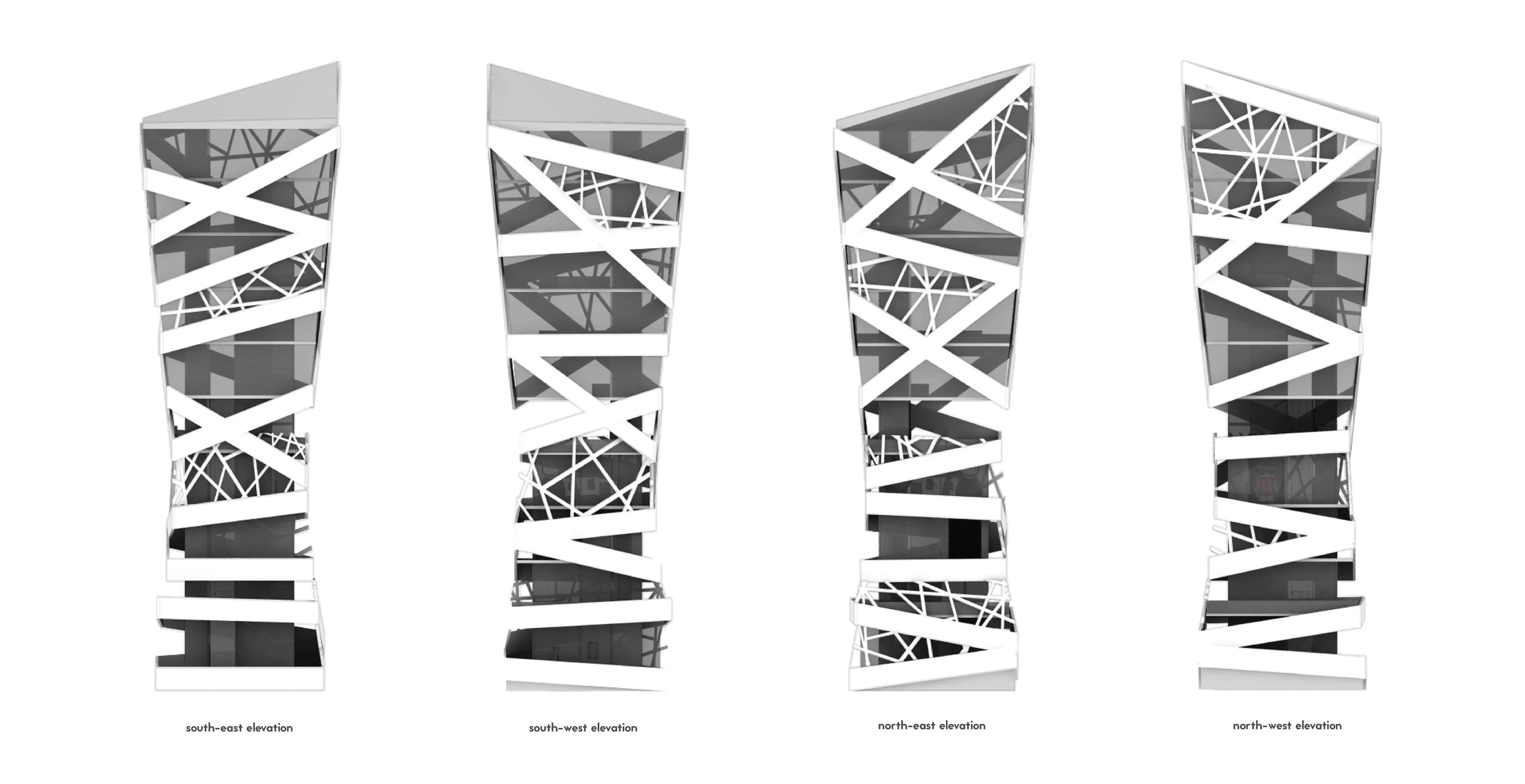 Four exterior elevations of the tower showing its glass facade wrapped in crisscrossing branch-like concrete ribs