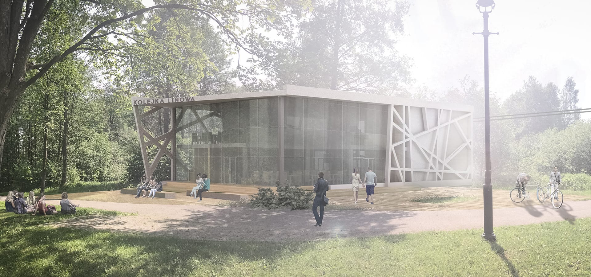Summer render of the glazed City Park Station with 'Kolejka Linowa' sign and visitors seated outside in the park