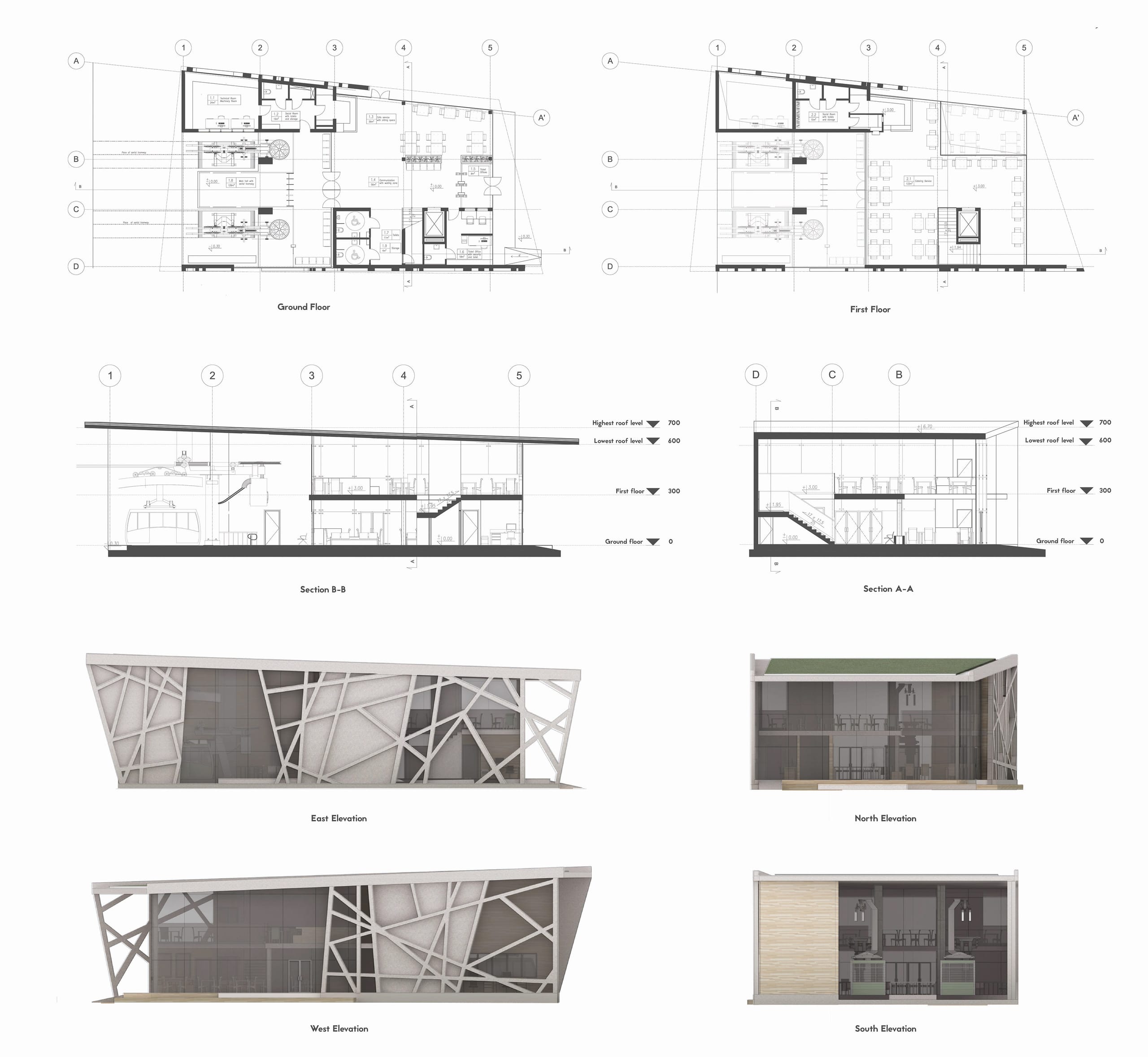 City Park Station drawings: ground and first floor plans, sections and elevations with tramway machinery